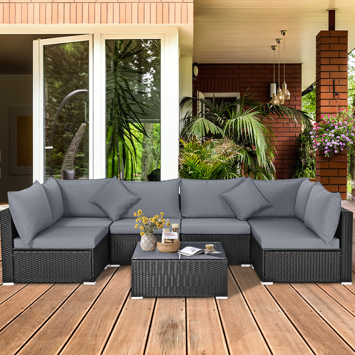 7-Piece Wicker Sectional Sofa Set With Tempered Glass Coffee Table, Gray Outdoor Sectionals at Gallery Canada