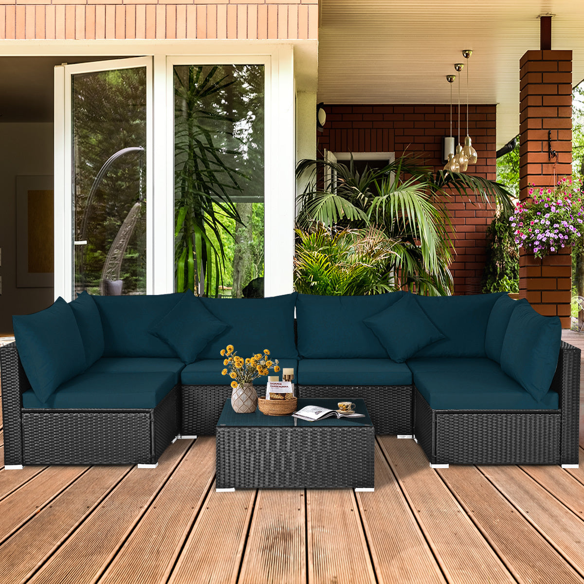 7-Piece Sectional Wicker Sofa Set, Tempered Glass Top, Peacock Blue Outdoor Sectionals at Gallery Canada