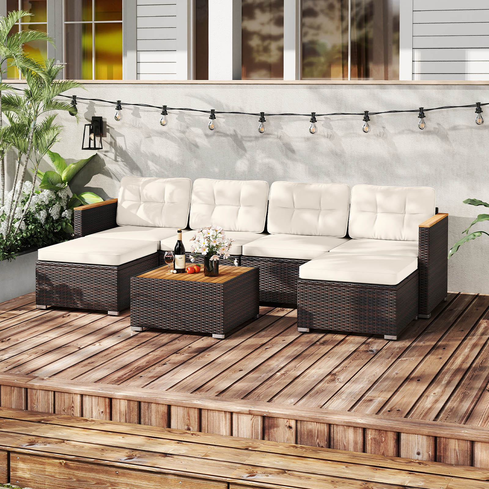 7 Pieces Wicker Conversation Set with Wood Armrests for Backyard, White Patio Conversation Sets at Gallery Canada