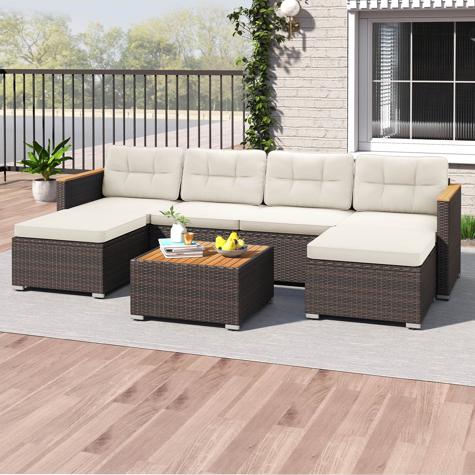 7 Pieces Wicker Conversation Set with Wood Armrests for Backyard, White Patio Conversation Sets at Gallery Canada