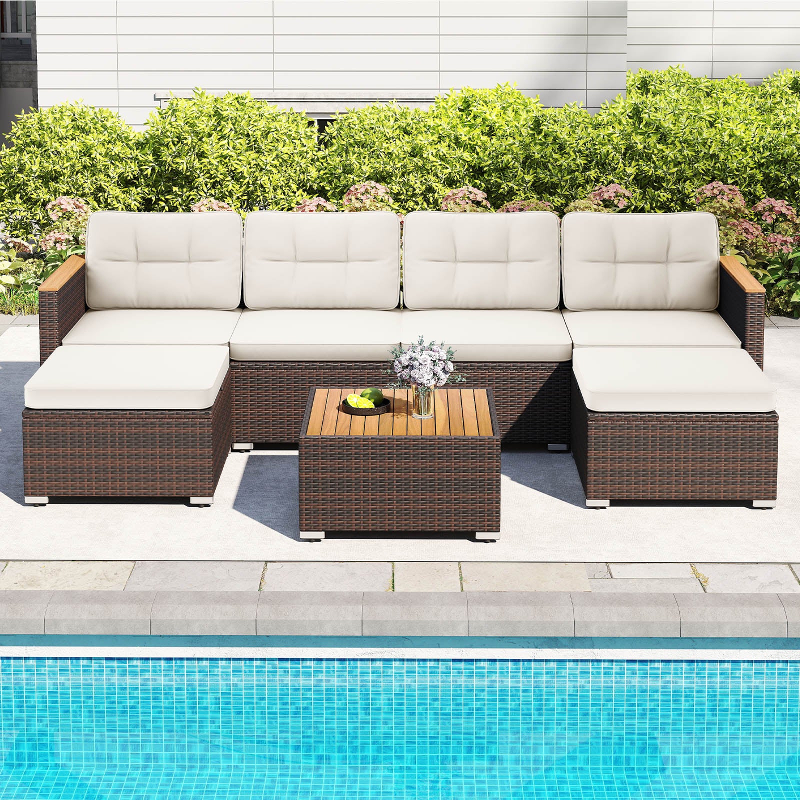 7 Pieces Wicker Conversation Set with Wood Armrests for Backyard, White Patio Conversation Sets at Gallery Canada