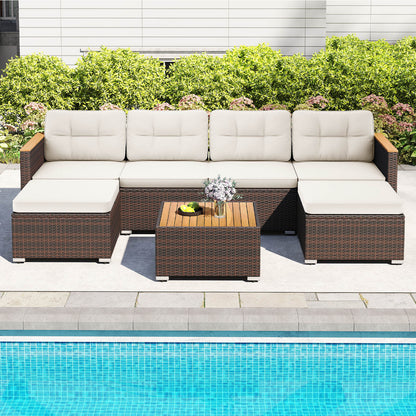 7 Pieces Wicker Conversation Set with Wood Armrests for Backyard, White Patio Conversation Sets at Gallery Canada