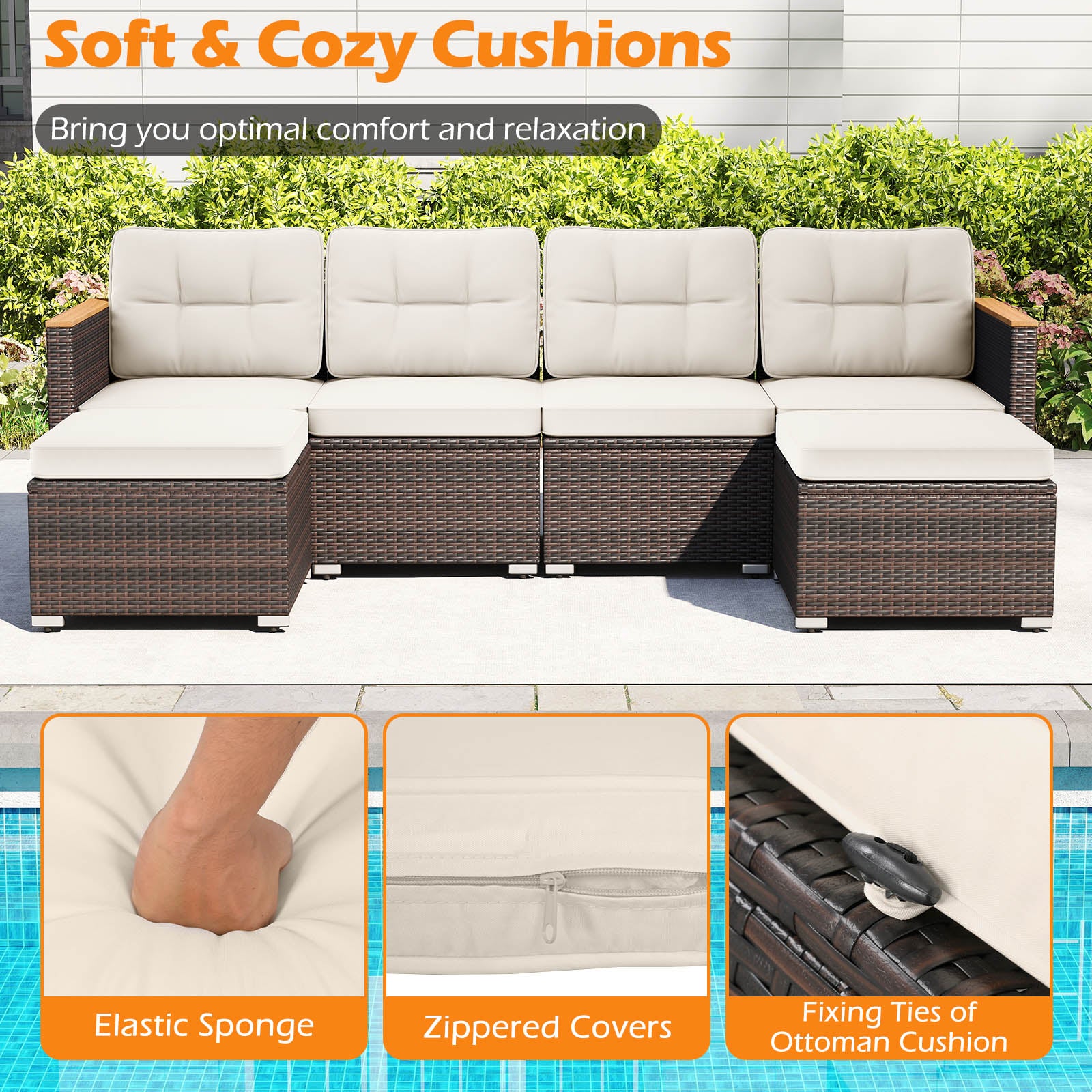 7 Pieces Wicker Conversation Set with Wood Armrests for Backyard, White Patio Conversation Sets at Gallery Canada