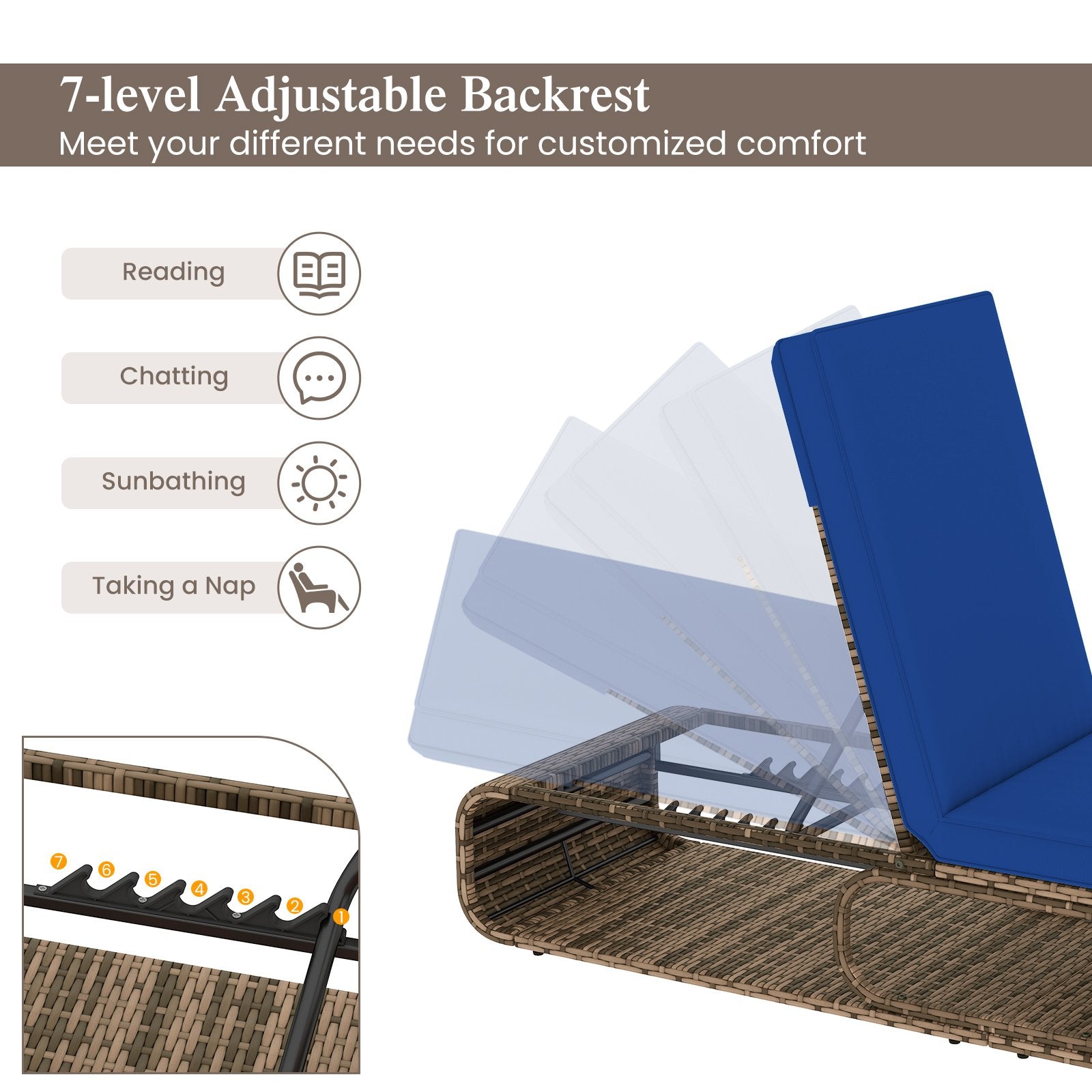 7-Position Adjustable PE Rattan Outdoor Chaise Lounge Chair, Navy Outdoor Chaise Lounges at Gallery Canada