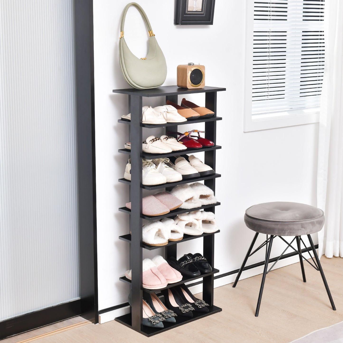 7-Tier Dual 14 Pair Shoe Rack Free Standing Concise Shelves Storage, Black Shoe Racks & Storage Benches at Gallery Canada