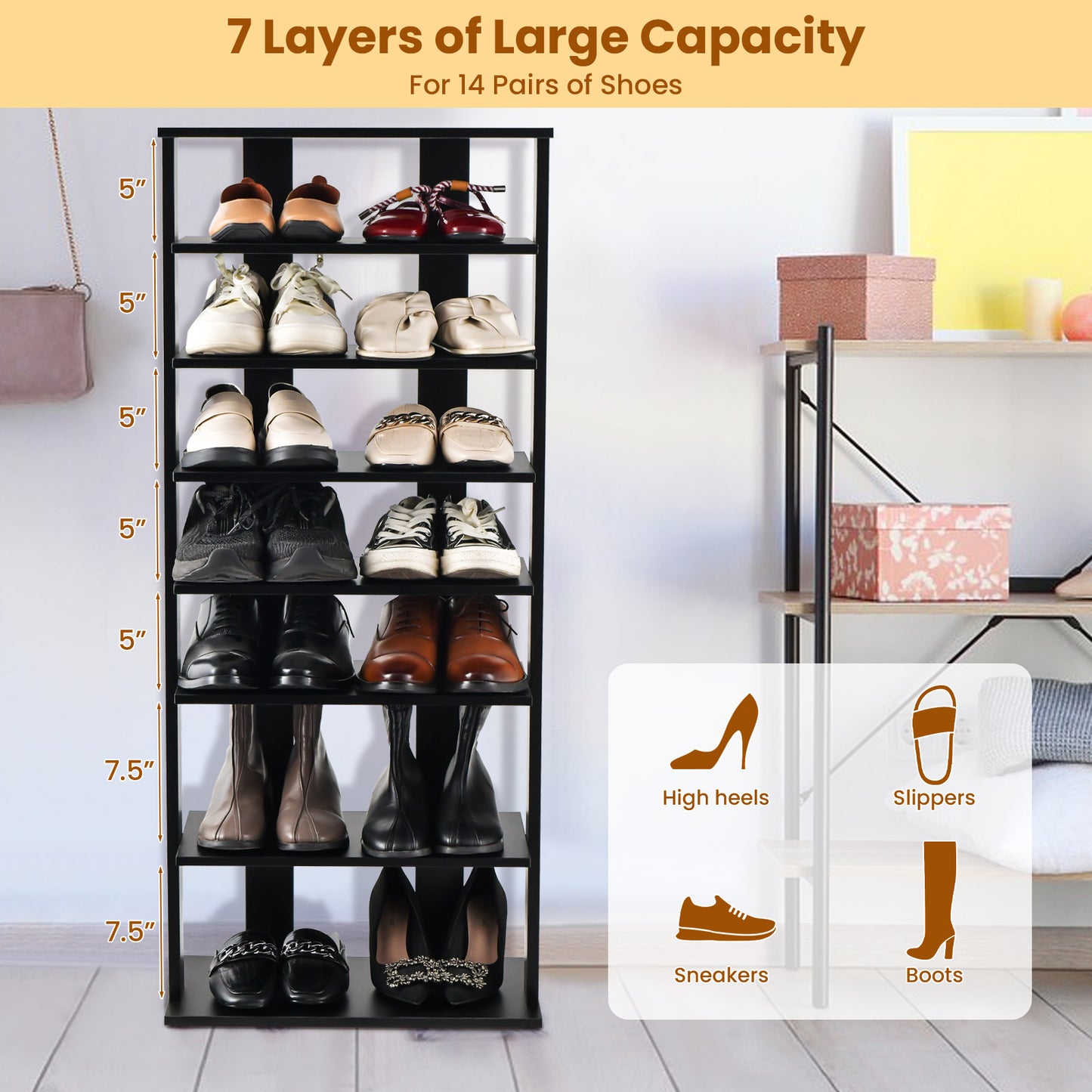 7-Tier Dual 14 Pair Shoe Rack Free Standing Concise Shelves Storage, Black Shoe Racks & Storage Benches at Gallery Canada