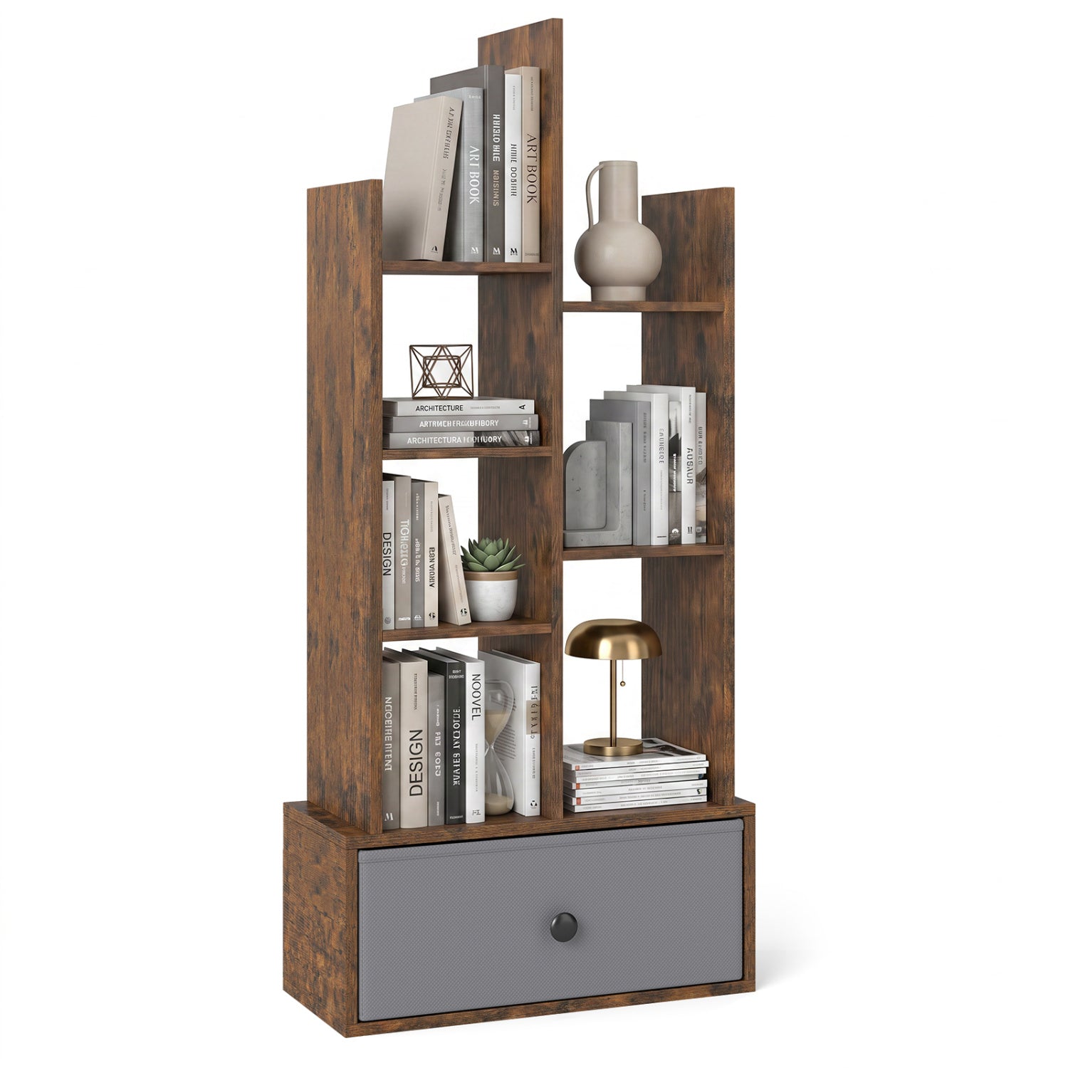7-Tier Open-Back Bookshelf With Drawer, Rustic Brown Bookcases at Gallery Canada