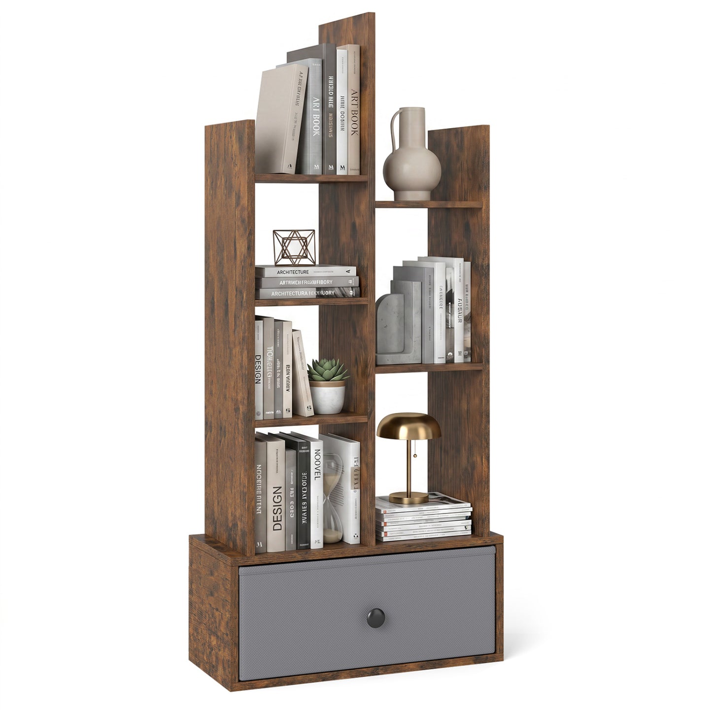 7-Tier Open-Back Bookshelf With Drawer, Rustic Brown Bookcases at Gallery Canada
