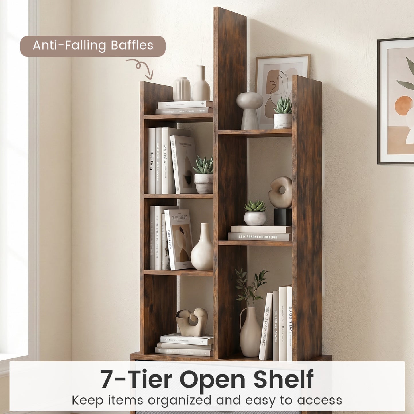 7-Tier Open-Back Bookshelf With Drawer, Rustic Brown Bookcases at Gallery Canada