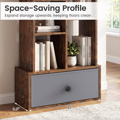 7-Tier Open-Back Bookshelf With Drawer, Rustic Brown Bookcases at Gallery Canada