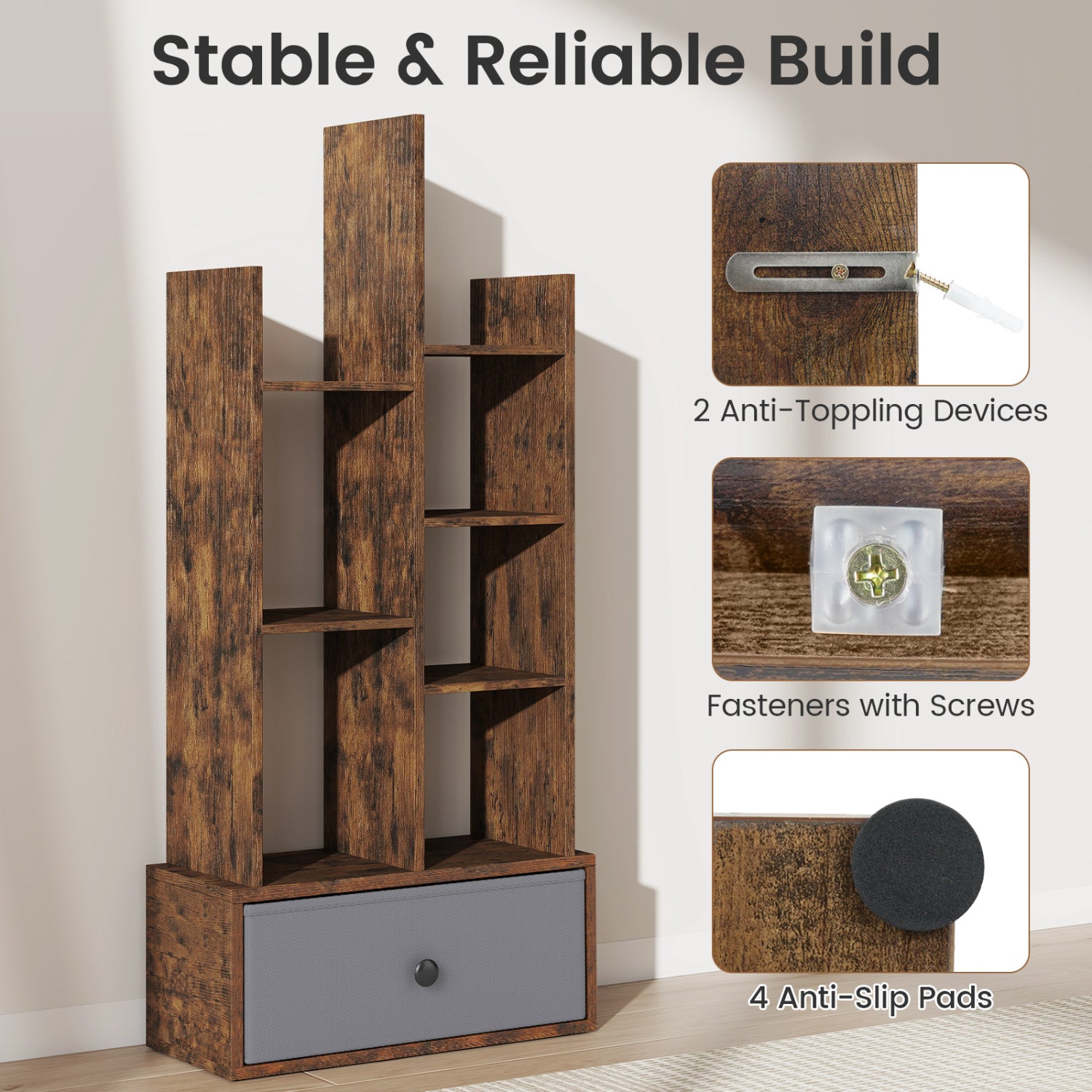 7-Tier Open-Back Bookshelf With Drawer, Rustic Brown Bookcases at Gallery Canada