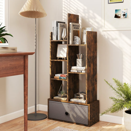 7-Tier Open-Back Bookshelf With Drawer, Rustic Brown