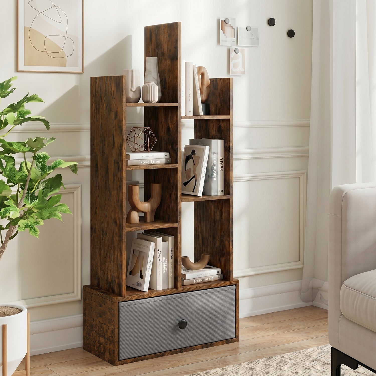 7-Tier Open-Back Bookshelf With Drawer, Rustic Brown Bookcases at Gallery Canada