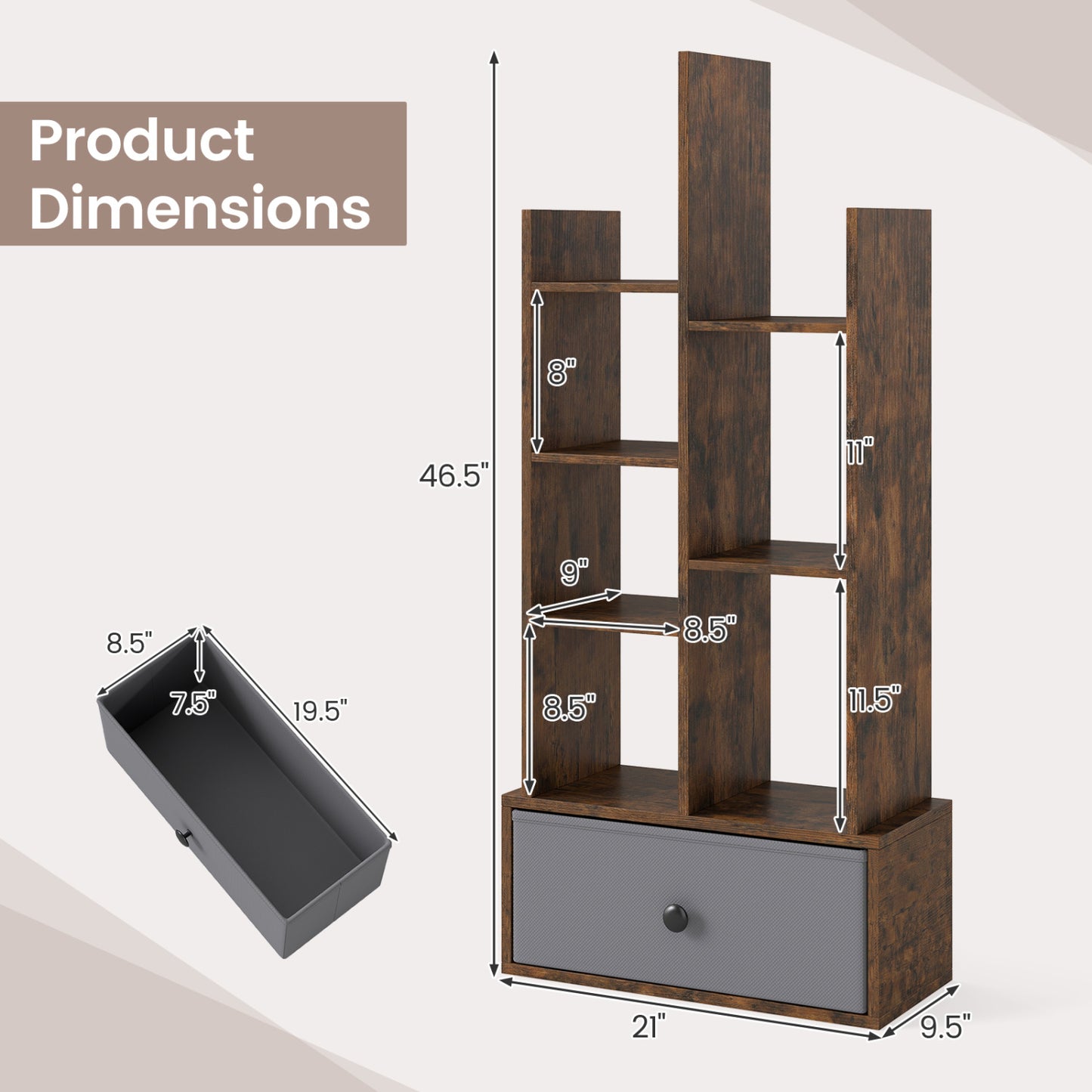 7-Tier Open-Back Bookshelf With Drawer, Rustic Brown Bookcases at Gallery Canada