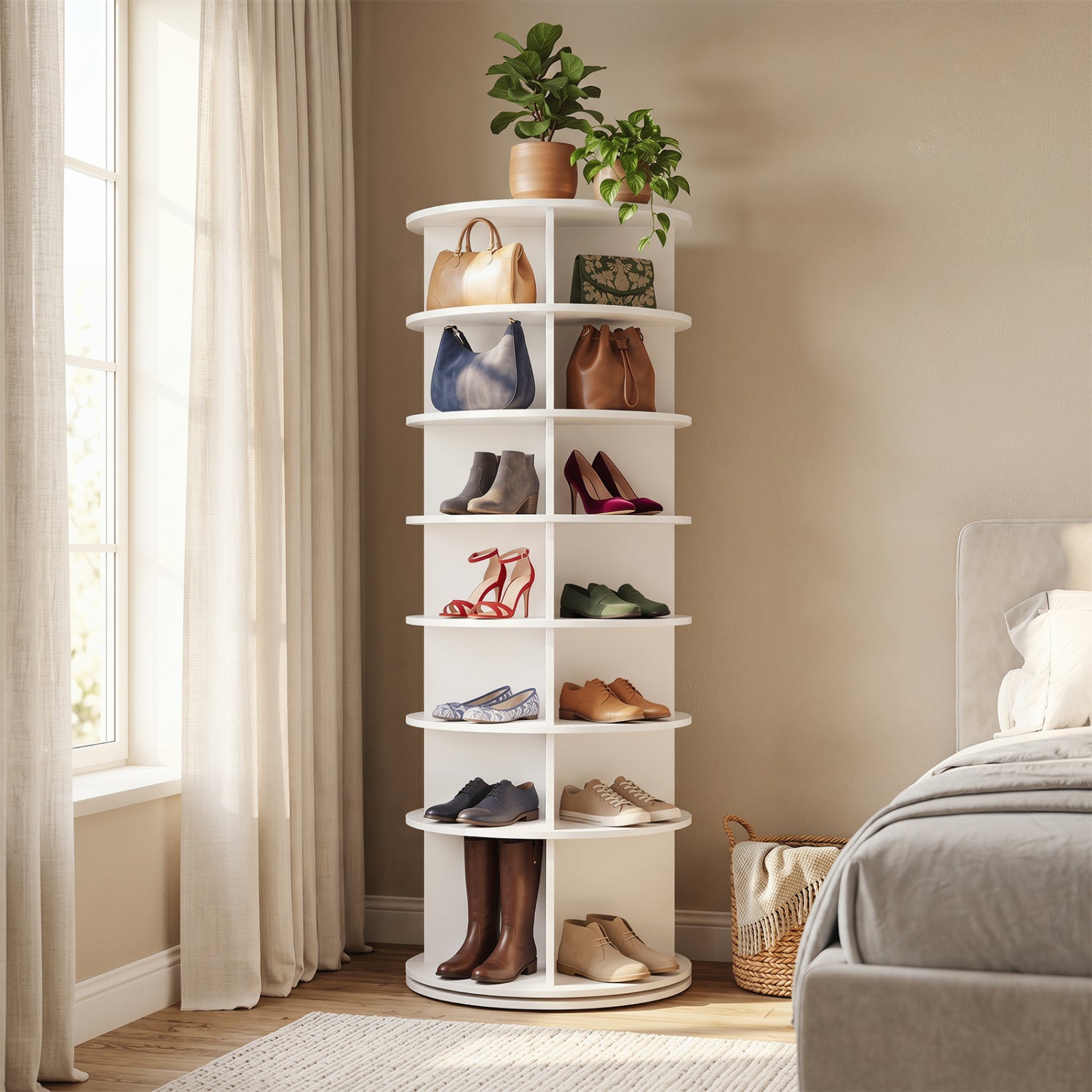 7-Tier Rotating Shoe Rack Tower, White Shoe Racks & Storage Benches at Gallery Canada