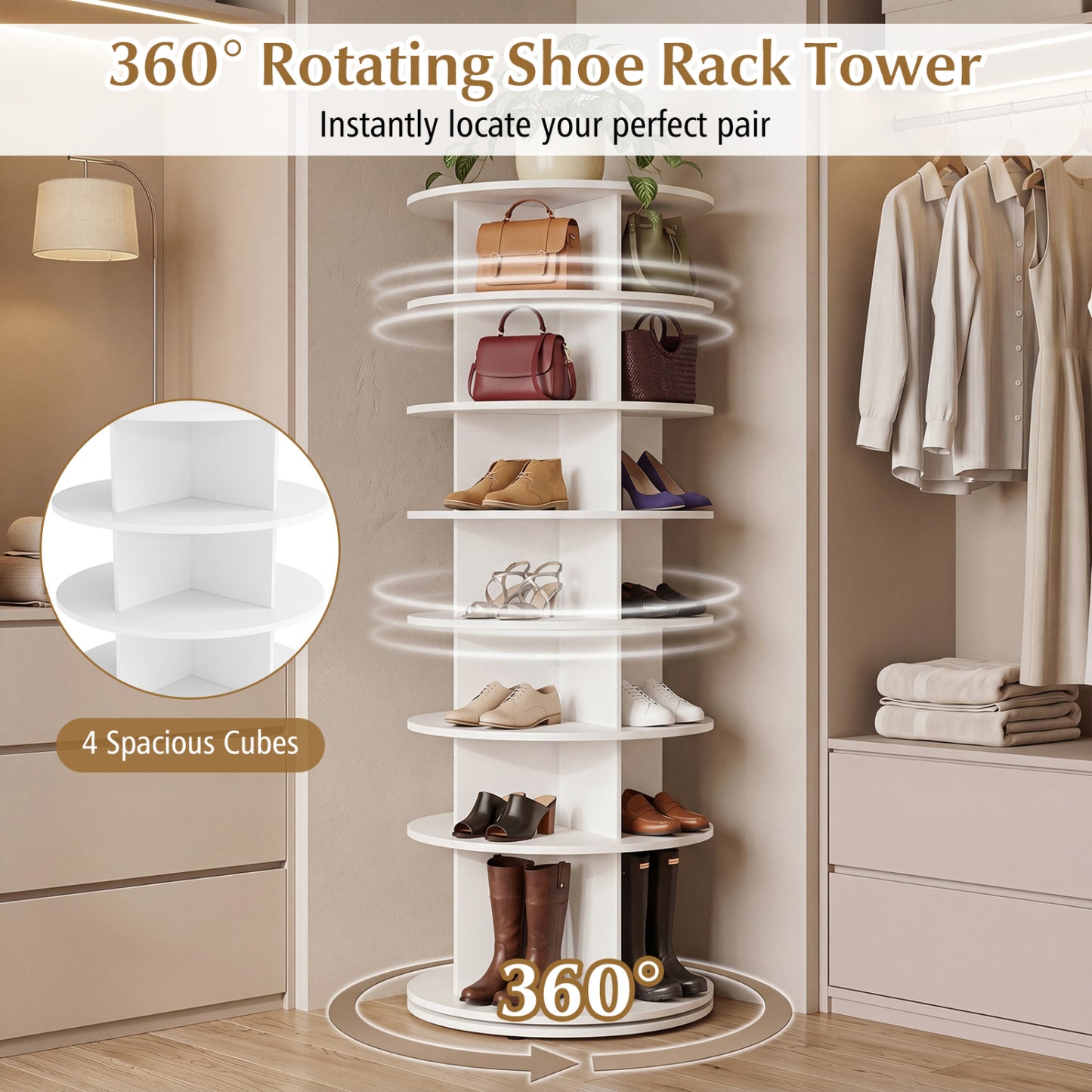7-Tier Rotating Shoe Rack Tower, White Shoe Racks & Storage Benches at Gallery Canada