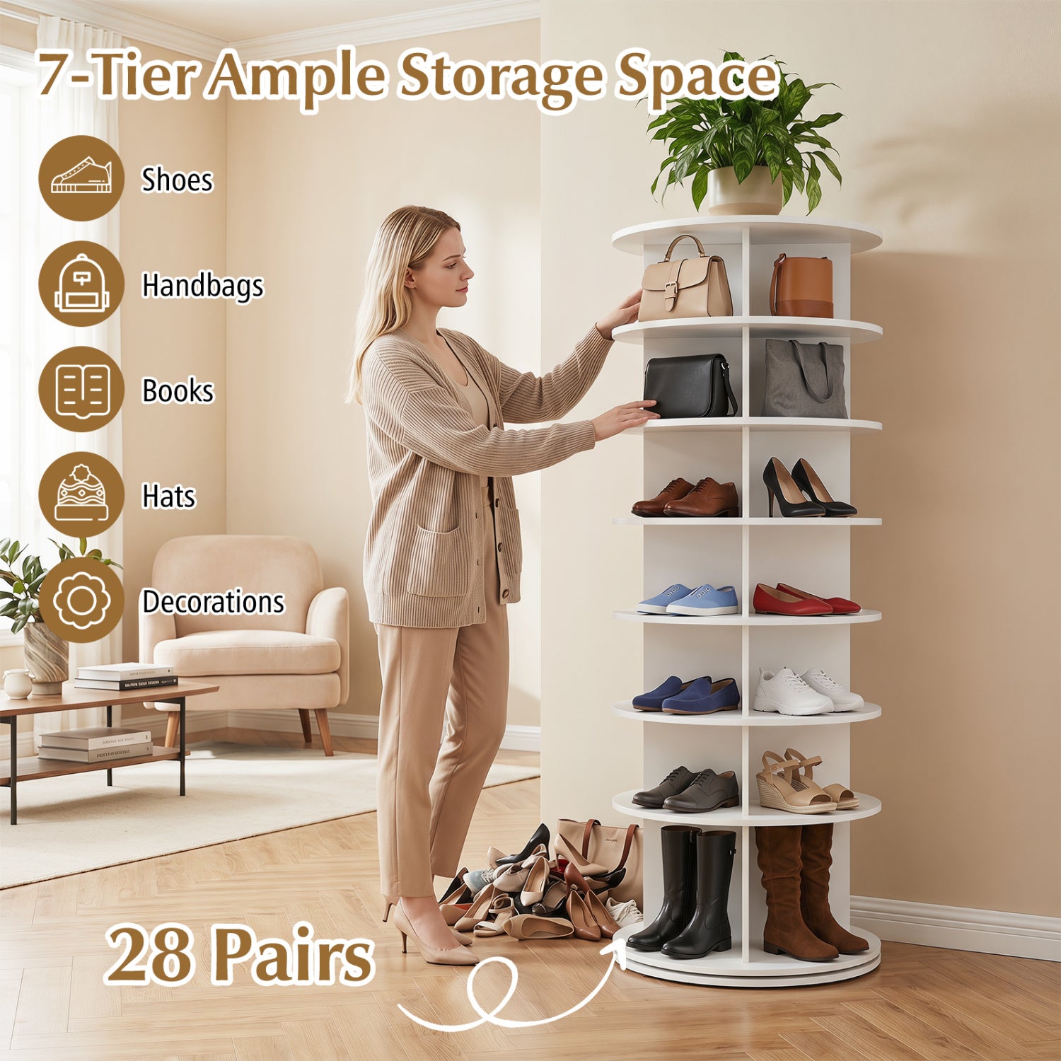 7-Tier Rotating Shoe Rack Tower, White Shoe Racks & Storage Benches at Gallery Canada
