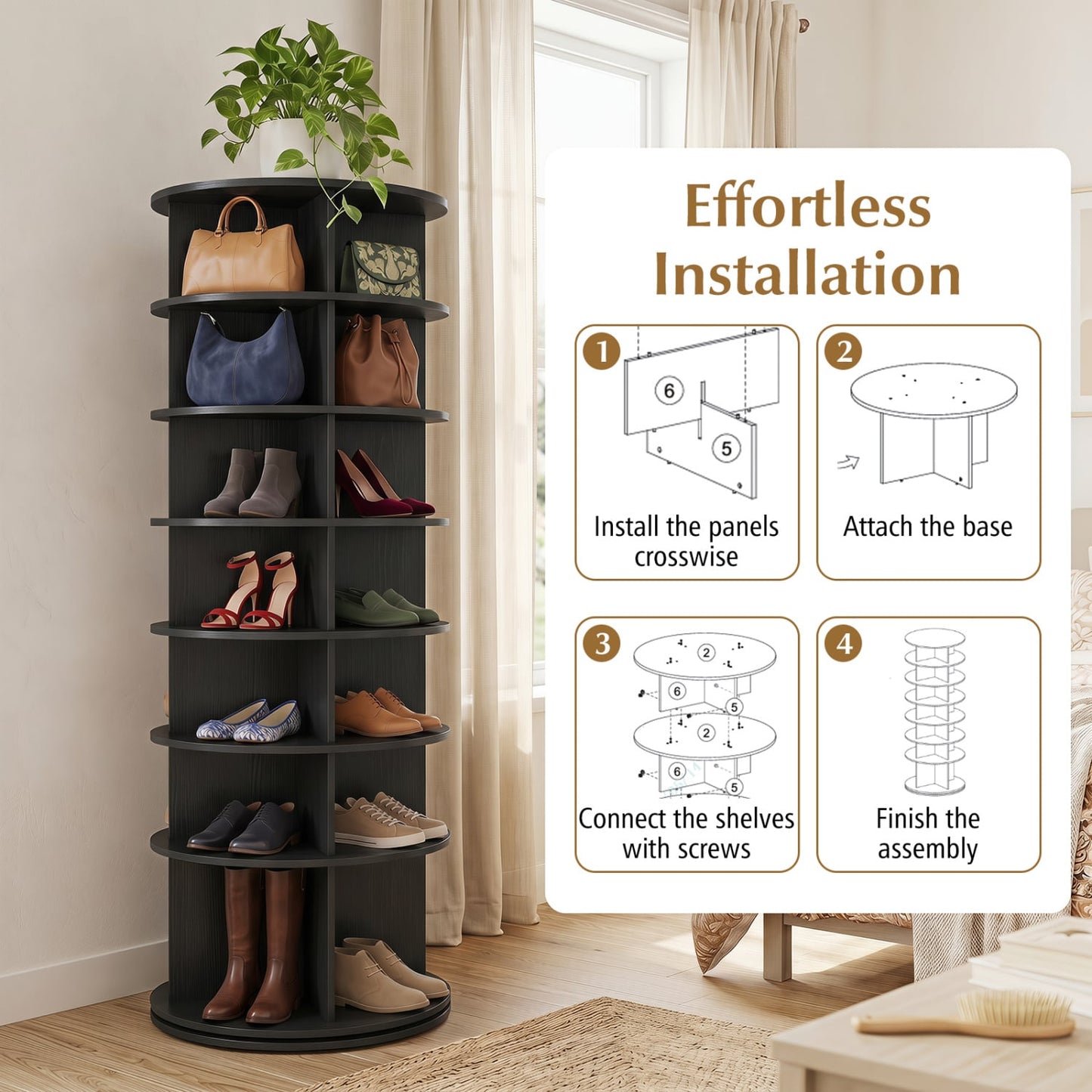 7-Tier Rotating Shoe Rack Tower, Black