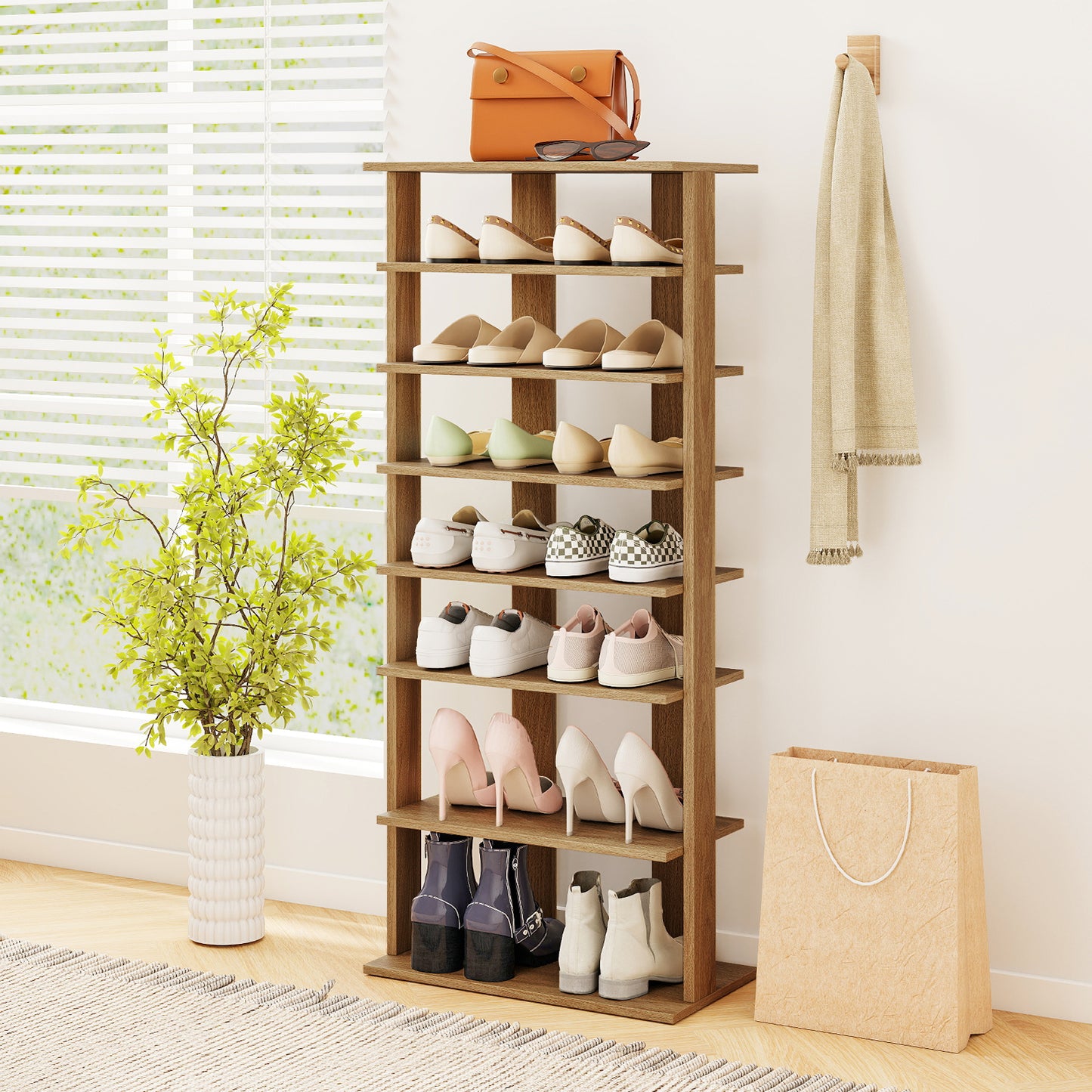 7 Tiers Patented Vertical Shoe Rack for Front Door, Natural