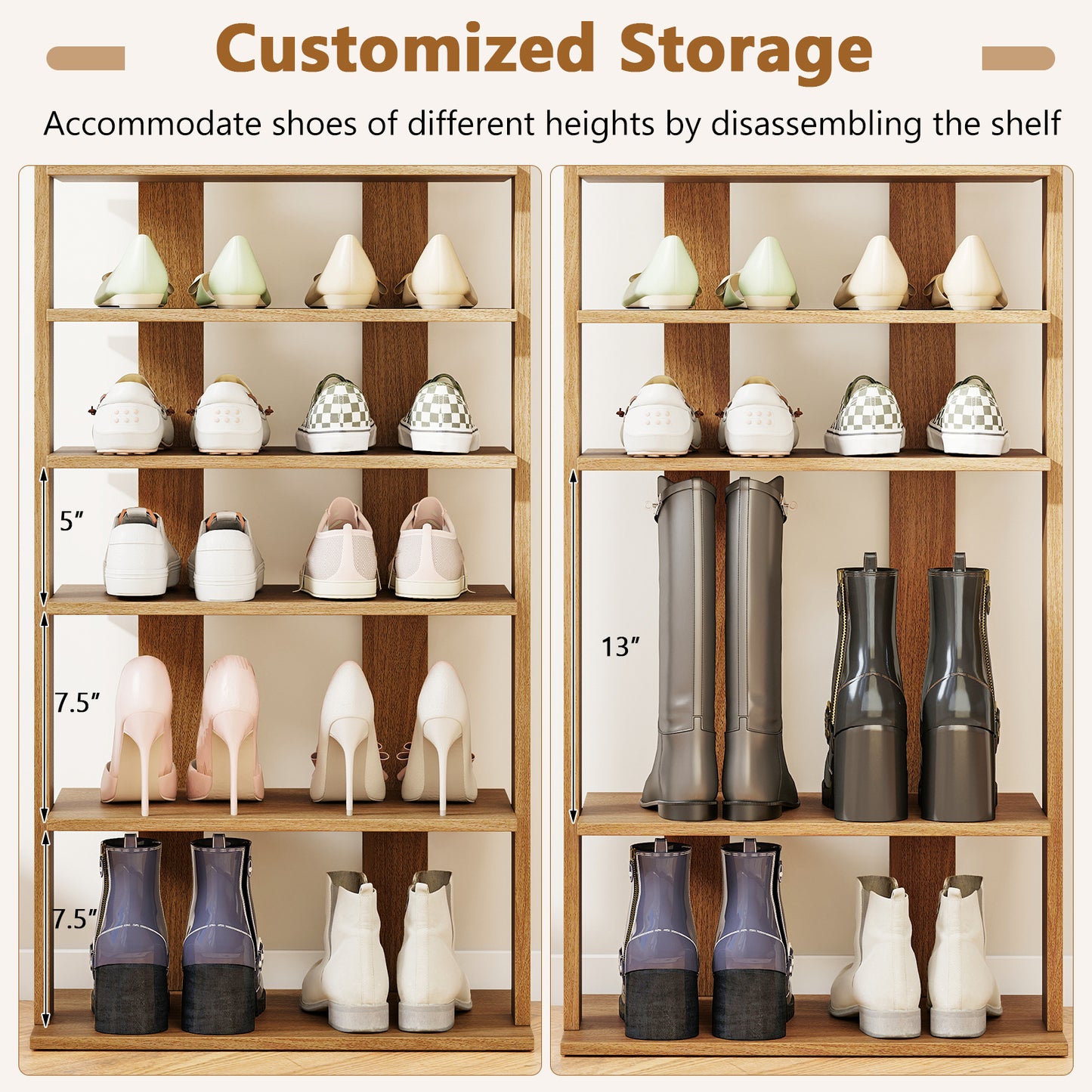 7 Tiers Patented Vertical Shoe Rack for Front Door, Natural
