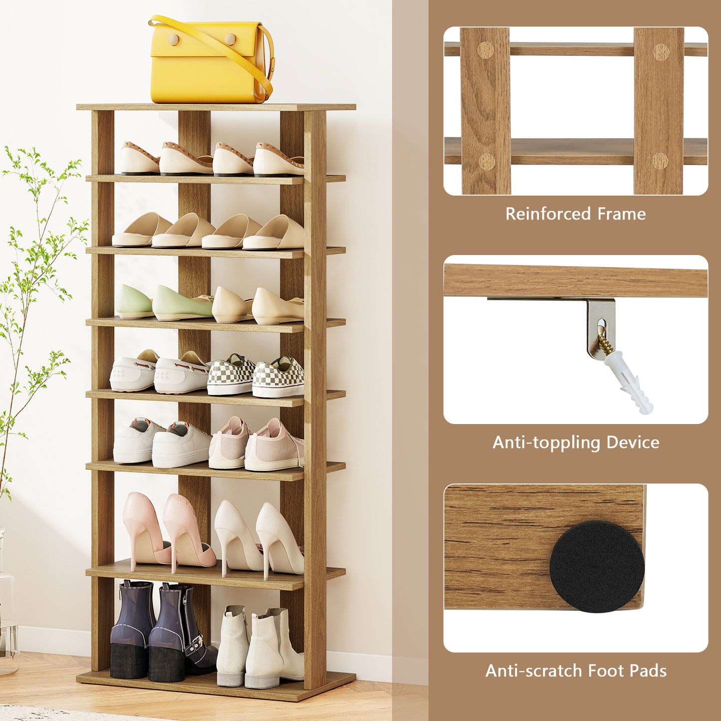 7 Tiers Patented Vertical Shoe Rack for Front Door, Natural
