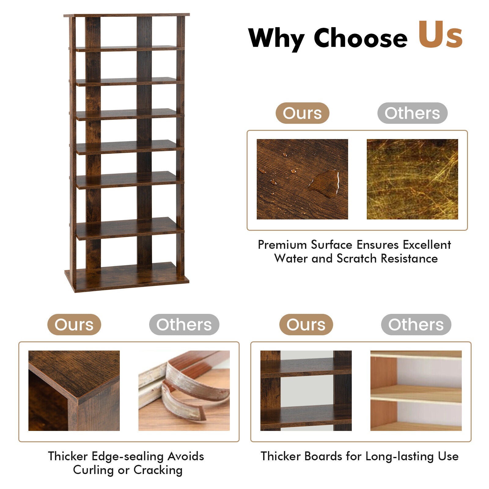 7 Tiers Vertical Shoe Rack, Rustic Brown Shoe Racks & Storage Benches at Gallery Canada