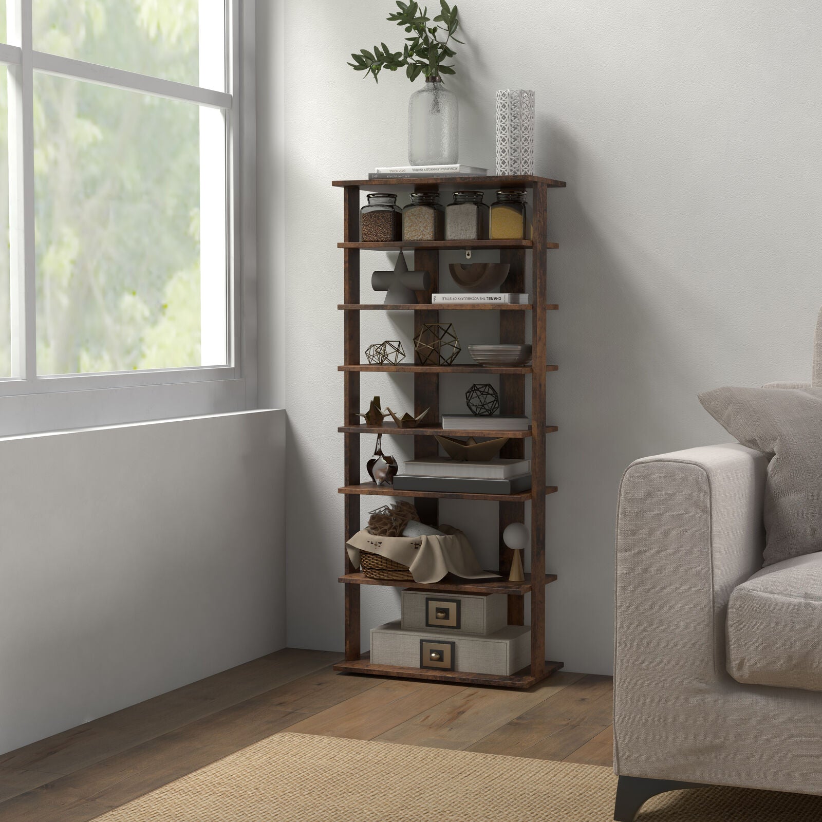7 Tiers Vertical Shoe Rack, Rustic Brown Shoe Racks & Storage Benches at Gallery Canada