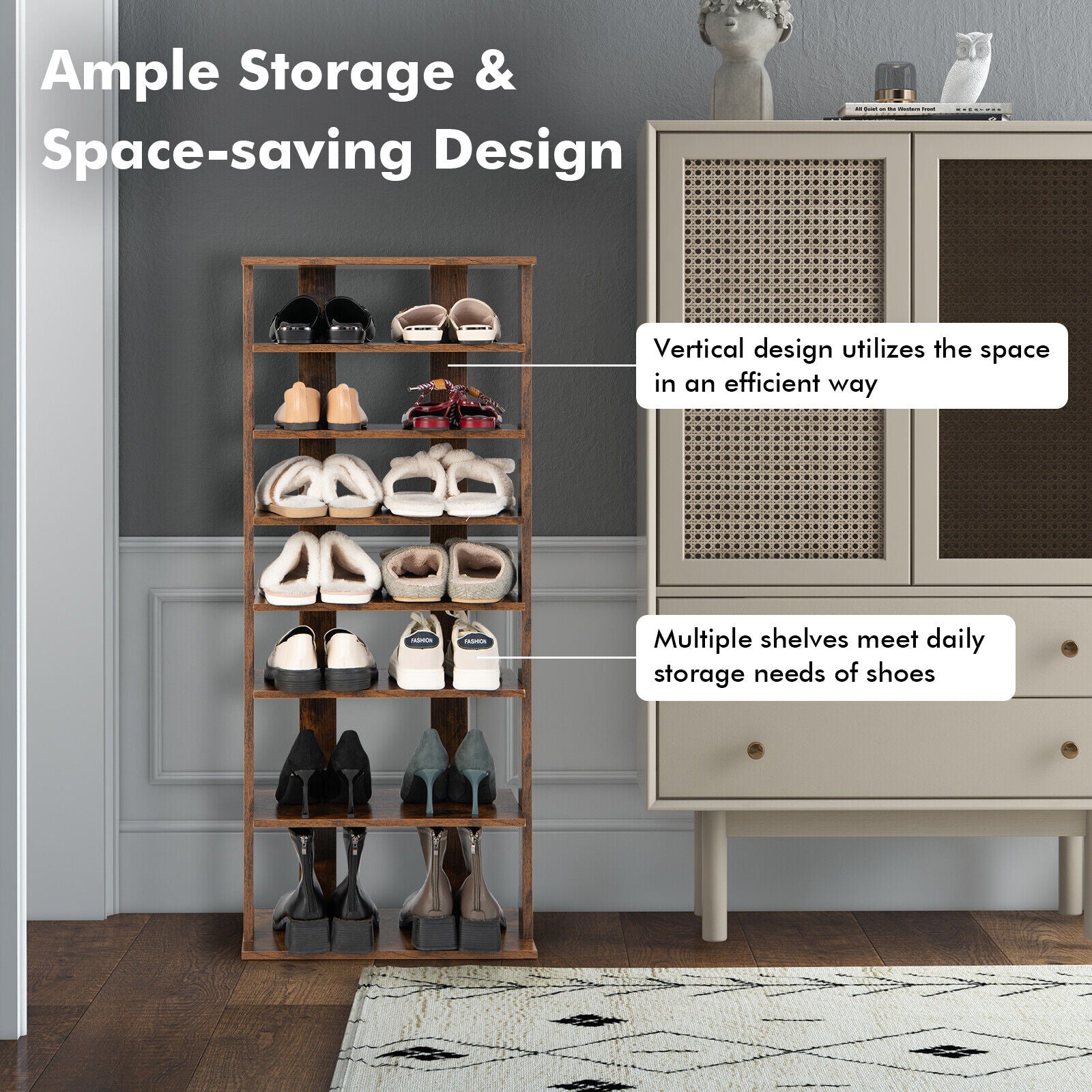7 Tiers Vertical Shoe Rack, Rustic Brown Shoe Racks & Storage Benches at Gallery Canada