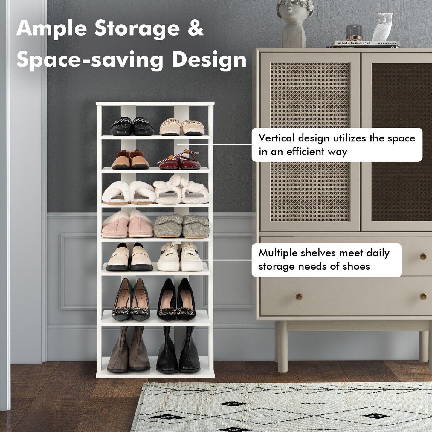 7 Tier Vertical Shoe Rack, White Shoe Racks & Storage Benches at Gallery Canada