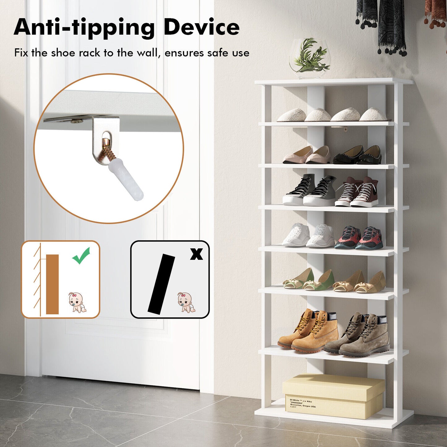 7 Tier Vertical Shoe Rack, White Shoe Racks & Storage Benches at Gallery Canada