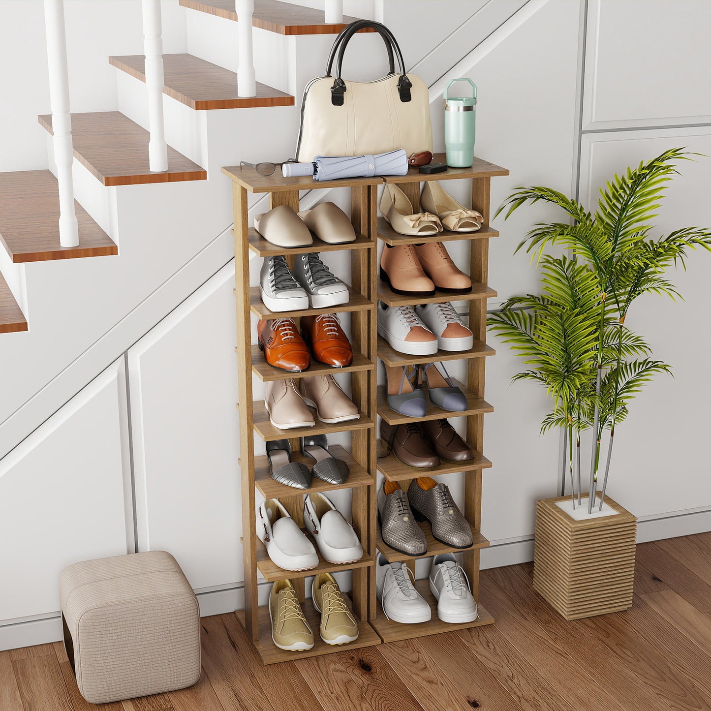 7-Tiers Vertical Wooden Space Saving Shoe Rack for Front Door, Natural