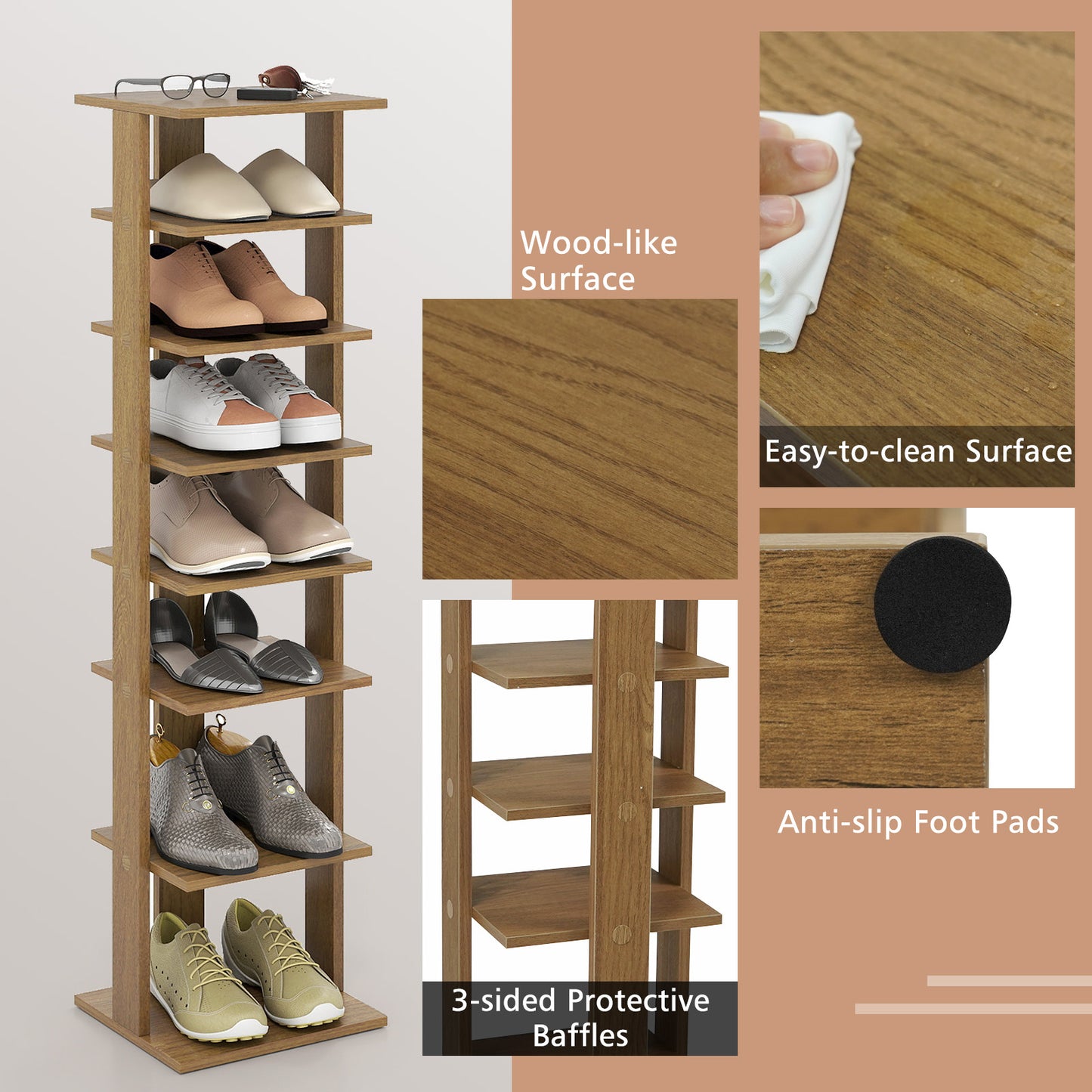 7-Tiers Vertical Wooden Space Saving Shoe Rack for Front Door, Natural