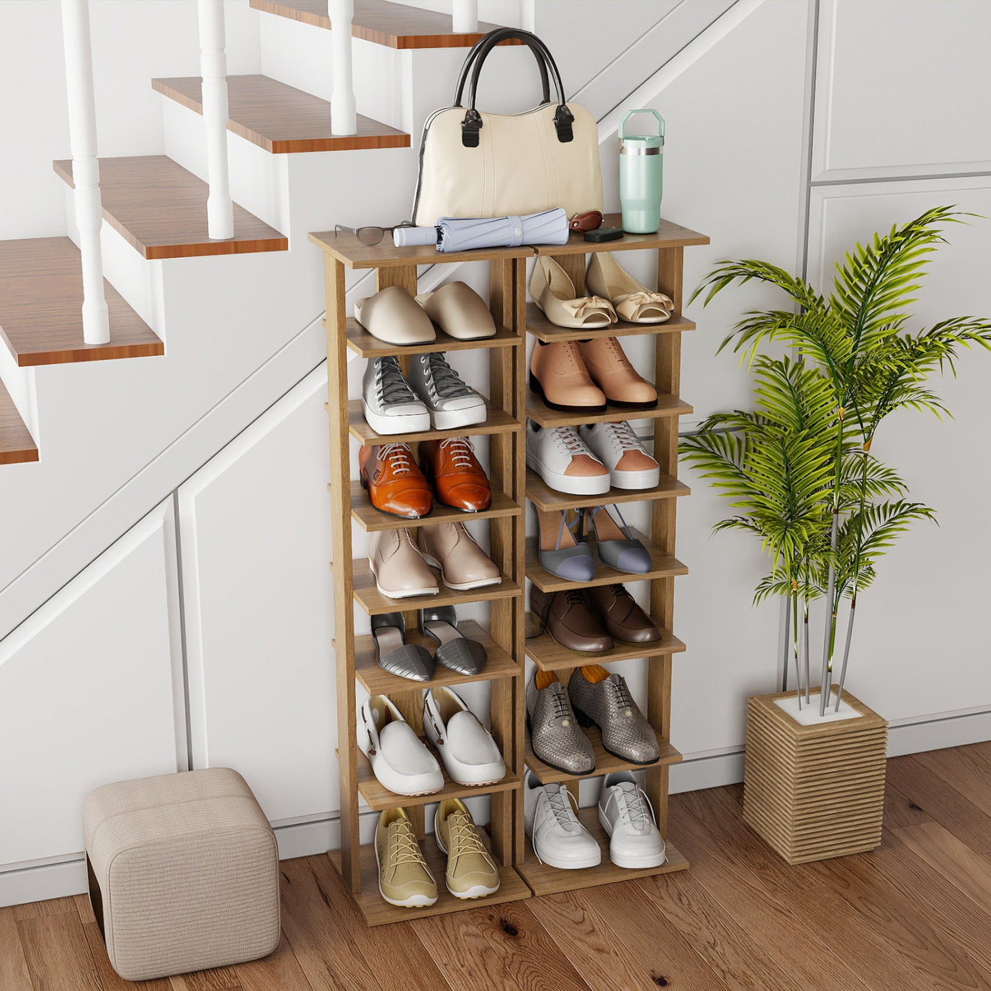 7-Tiers Vertical Wooden Space Saving Shoe Rack for Front Door, Natural Shoe Racks & Storage Benches at Gallery Canada