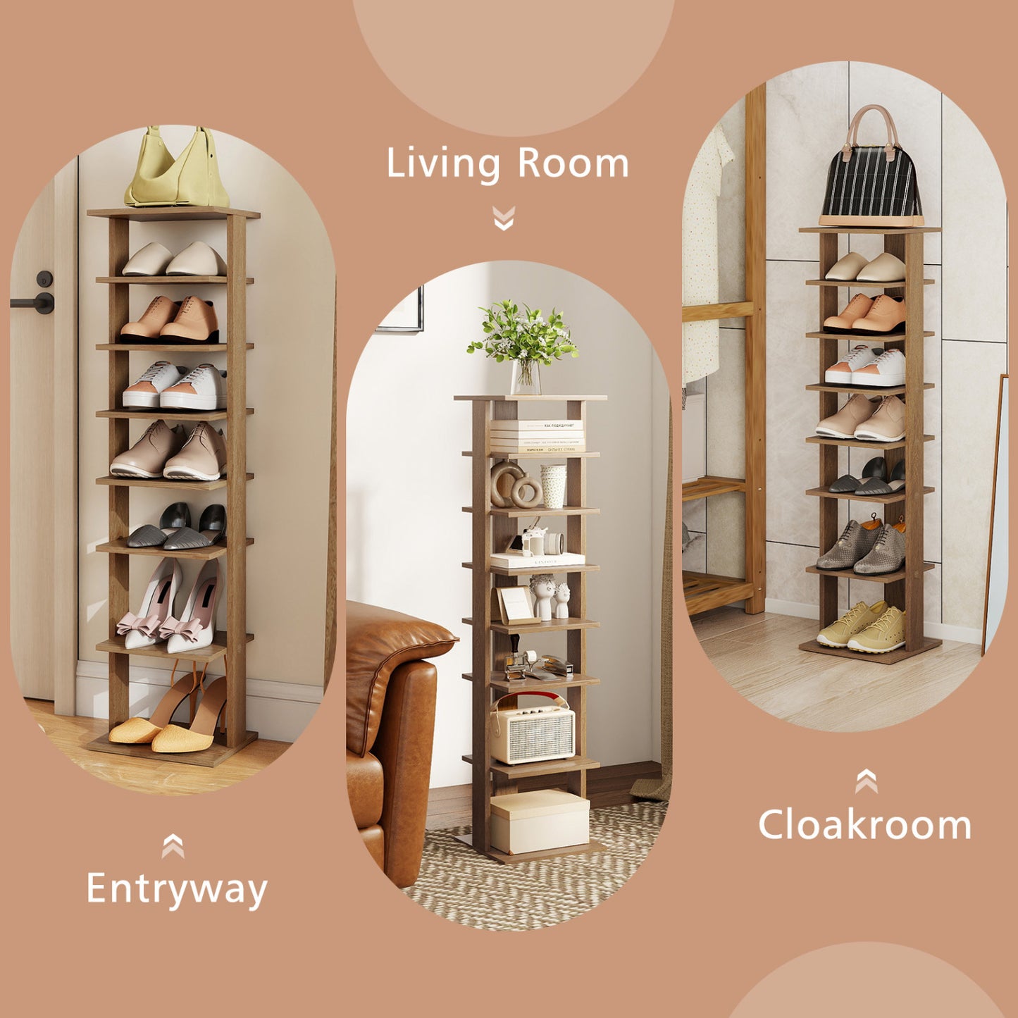 7-Tiers Vertical Wooden Space Saving Shoe Rack for Front Door, Natural Shoe Racks & Storage Benches at Gallery Canada