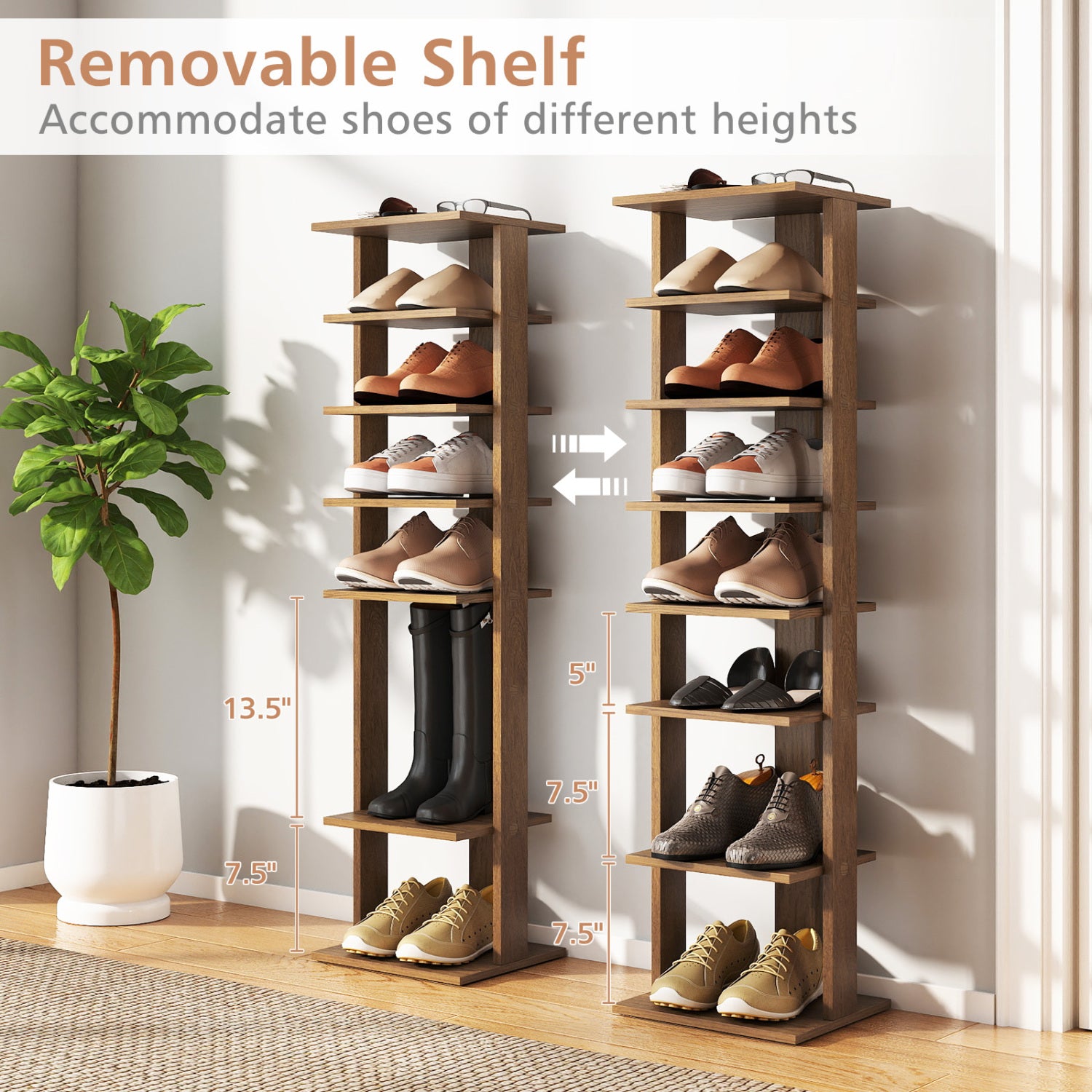 7-Tiers Vertical Wooden Space Saving Shoe Rack for Front Door, Natural Shoe Racks & Storage Benches at Gallery Canada