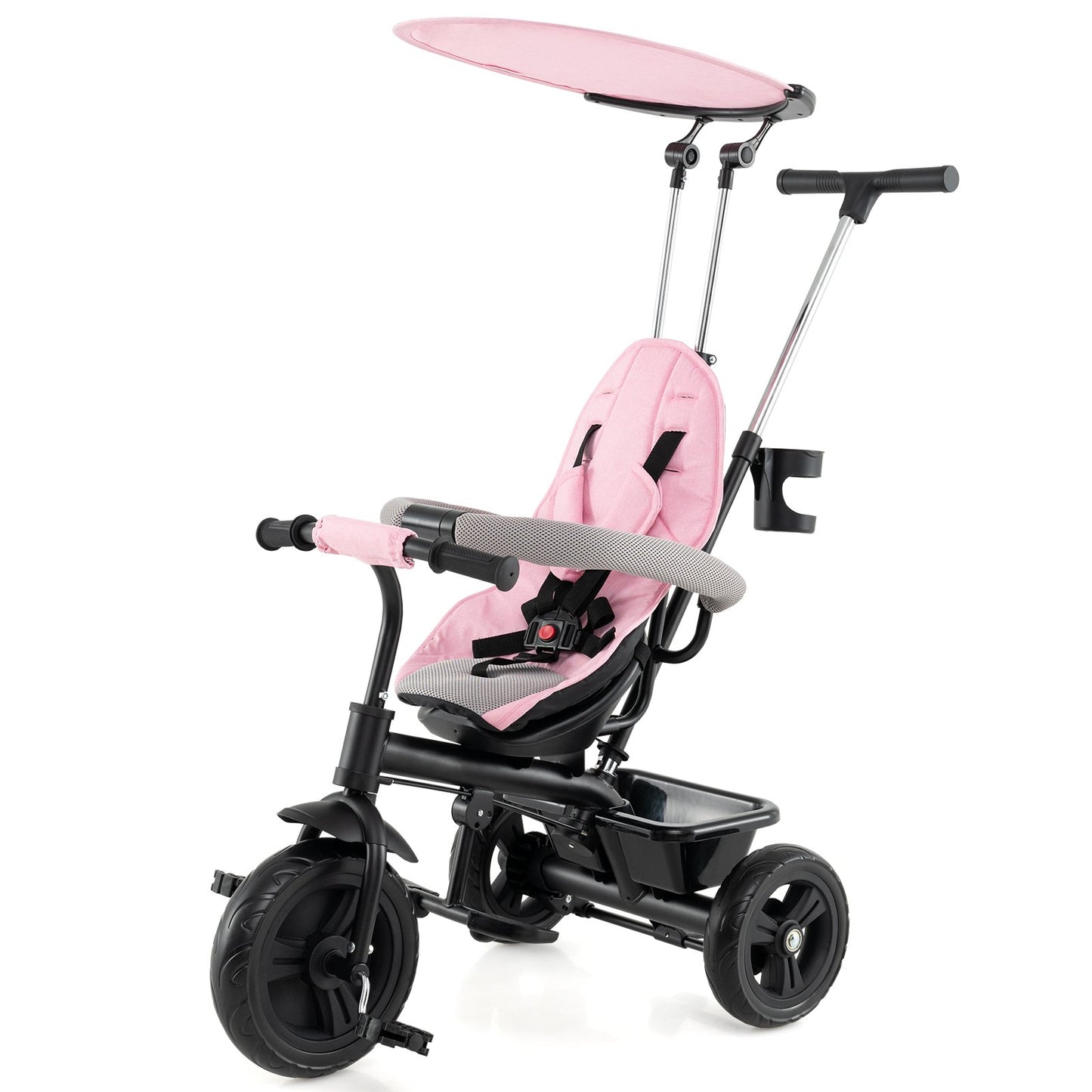 7-in-1 Baby Stroller Tricycle with Adjustable Canopy and Foldable Footrests for Ages 9-60 Months Old, Pink Baby Strollers Pink at Gallery Canada