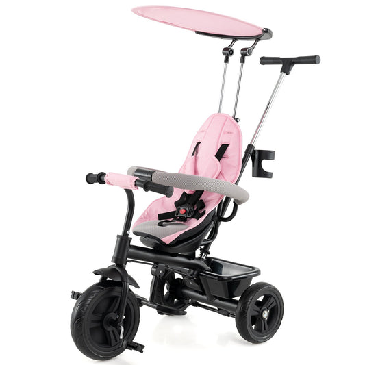 7-in-1 Baby Stroller Tricycle with Adjustable Canopy and Foldable Footrests for Ages 9-60 Months Old, Pink Baby Strollers Pink at Gallery Canada