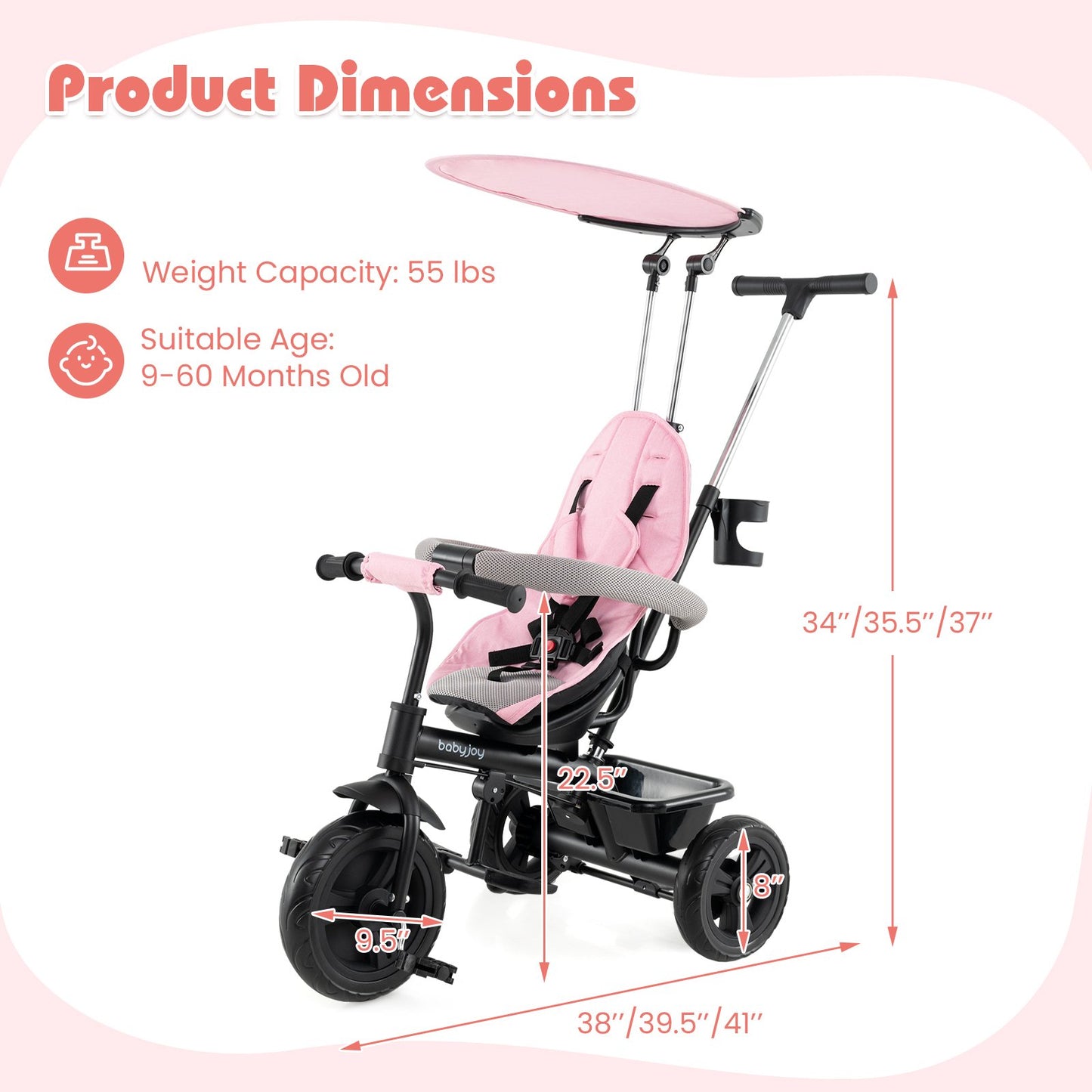 7-in-1 Baby Stroller Tricycle with Adjustable Canopy and Foldable Footrests for Ages 9-60 Months Old, Pink Baby Strollers at Gallery Canada
