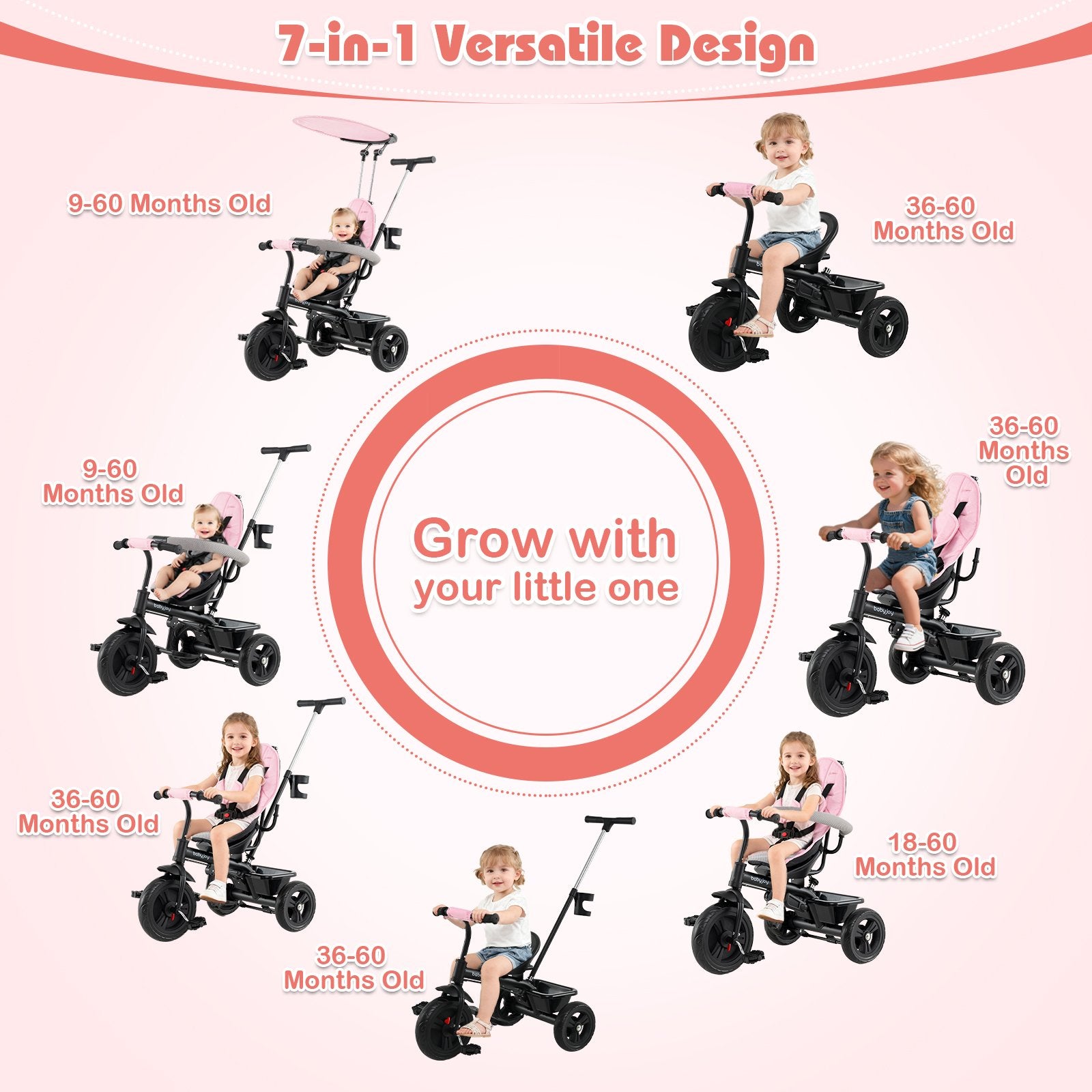 7-in-1 Baby Stroller Tricycle with Adjustable Canopy and Foldable Footrests for Ages 9-60 Months Old, Pink Baby Strollers at Gallery Canada