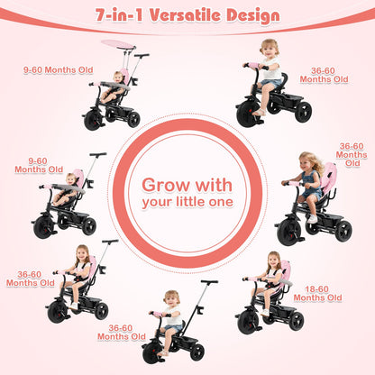 7-in-1 Baby Stroller Tricycle with Adjustable Canopy and Foldable Footrests for Ages 9-60 Months Old, Pink Baby Strollers at Gallery Canada