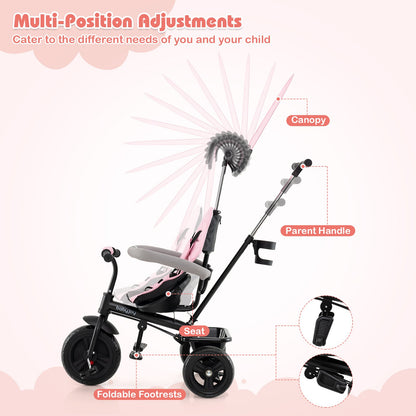 7-in-1 Baby Stroller Tricycle with Adjustable Canopy and Foldable Footrests for Ages 9-60 Months Old, Pink Baby Strollers at Gallery Canada