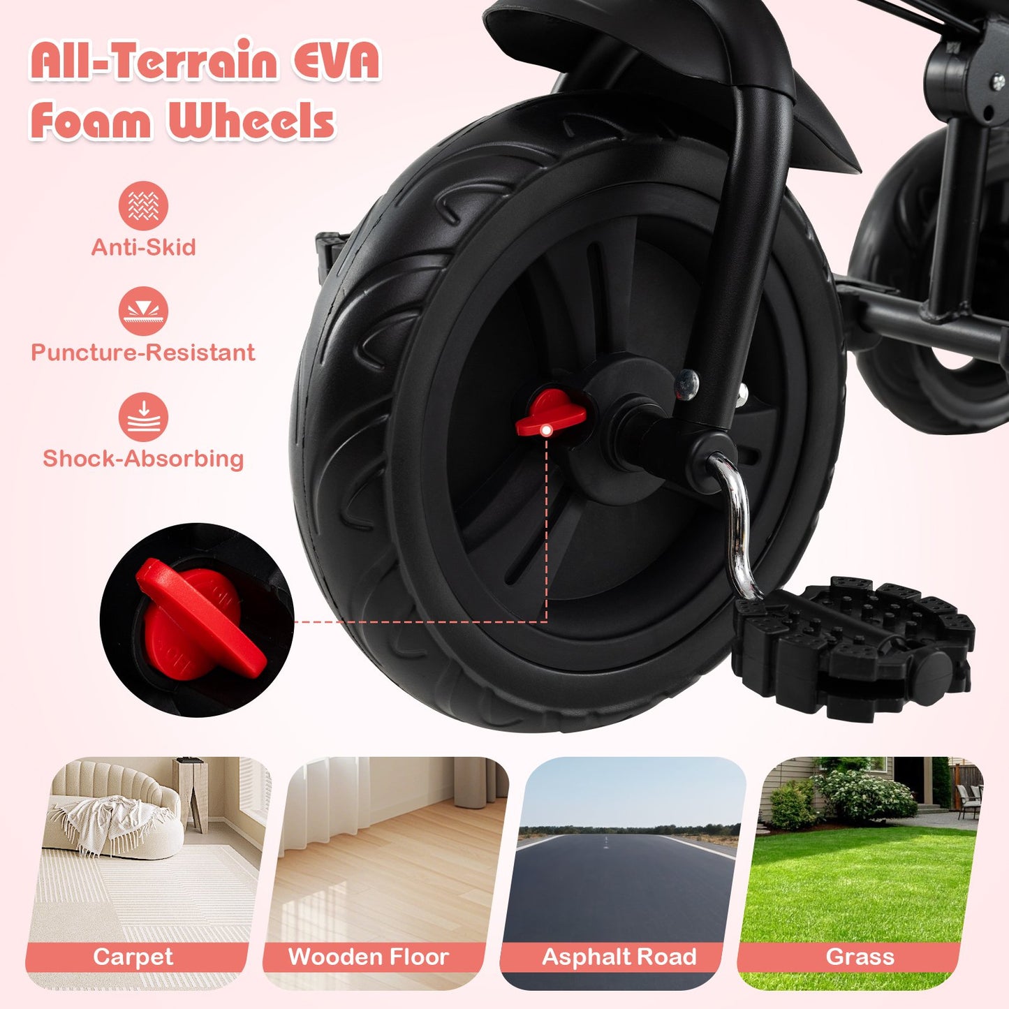 7-in-1 Baby Stroller Tricycle with Adjustable Canopy and Foldable Footrests for Ages 9-60 Months Old, Pink Baby Strollers at Gallery Canada