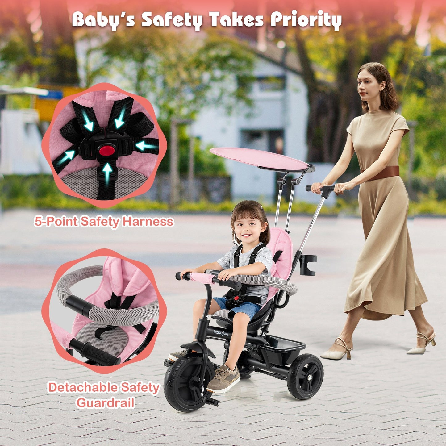 7-in-1 Baby Stroller Tricycle with Adjustable Canopy and Foldable Footrests for Ages 9-60 Months Old, Pink Baby Strollers at Gallery Canada