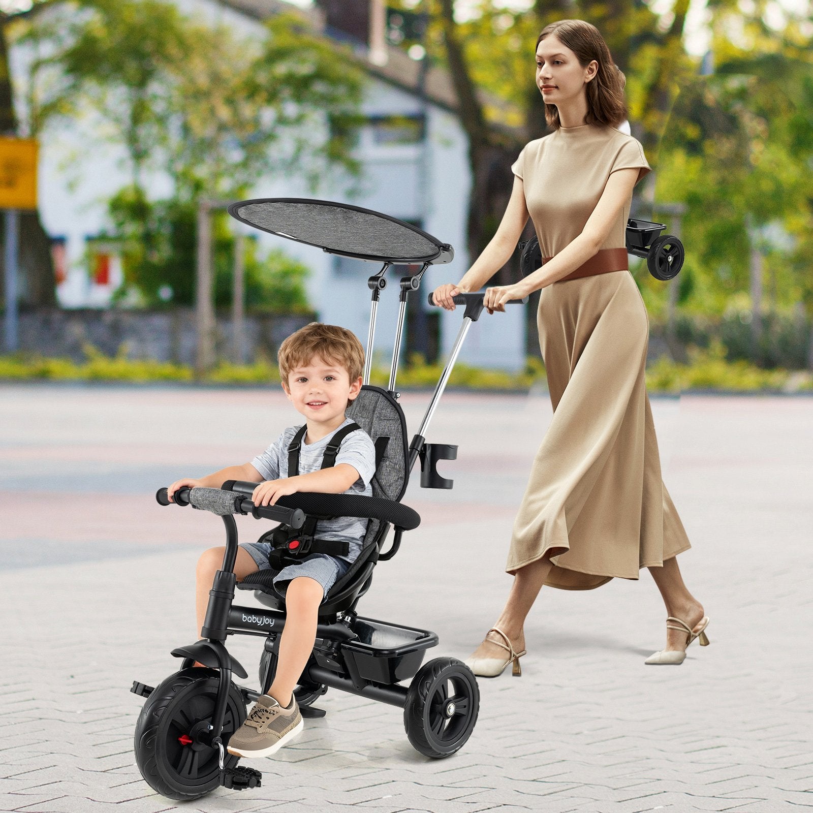 7-in-1 Baby Stroller Tricycle with Adjustable Canopy and Foldable Footrests for Ages 9-60 Months Old, Gray Baby Strollers at Gallery Canada