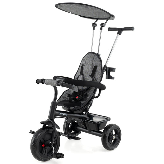 7-in-1 Baby Stroller Tricycle, Adjustable Canopy, Foldable Footrests, Gray