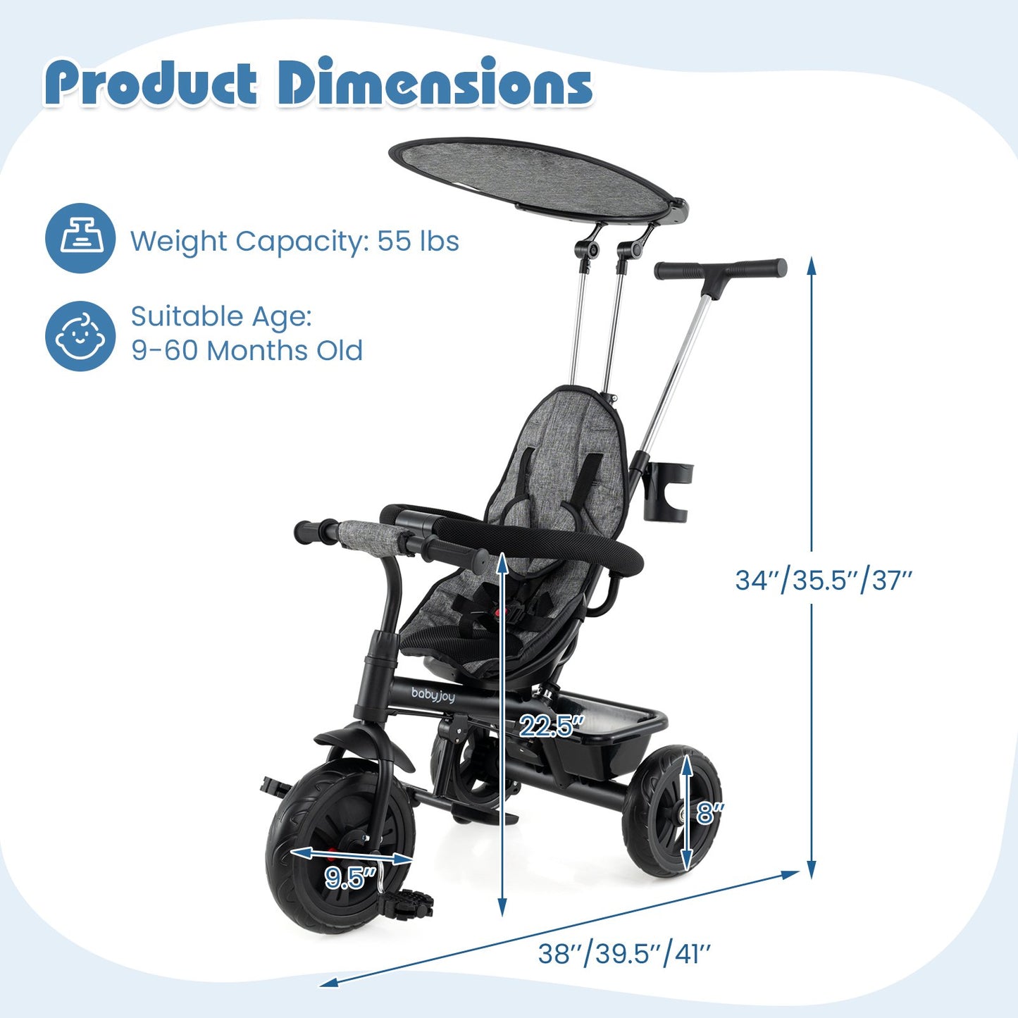 7-in-1 Baby Stroller Tricycle with Adjustable Canopy and Foldable Footrests for Ages 9-60 Months Old, Gray Baby Strollers at Gallery Canada