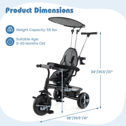 7-in-1 Baby Stroller Tricycle with Adjustable Canopy and Foldable Footrests for Ages 9-60 Months Old, Gray Baby Strollers at Gallery Canada
