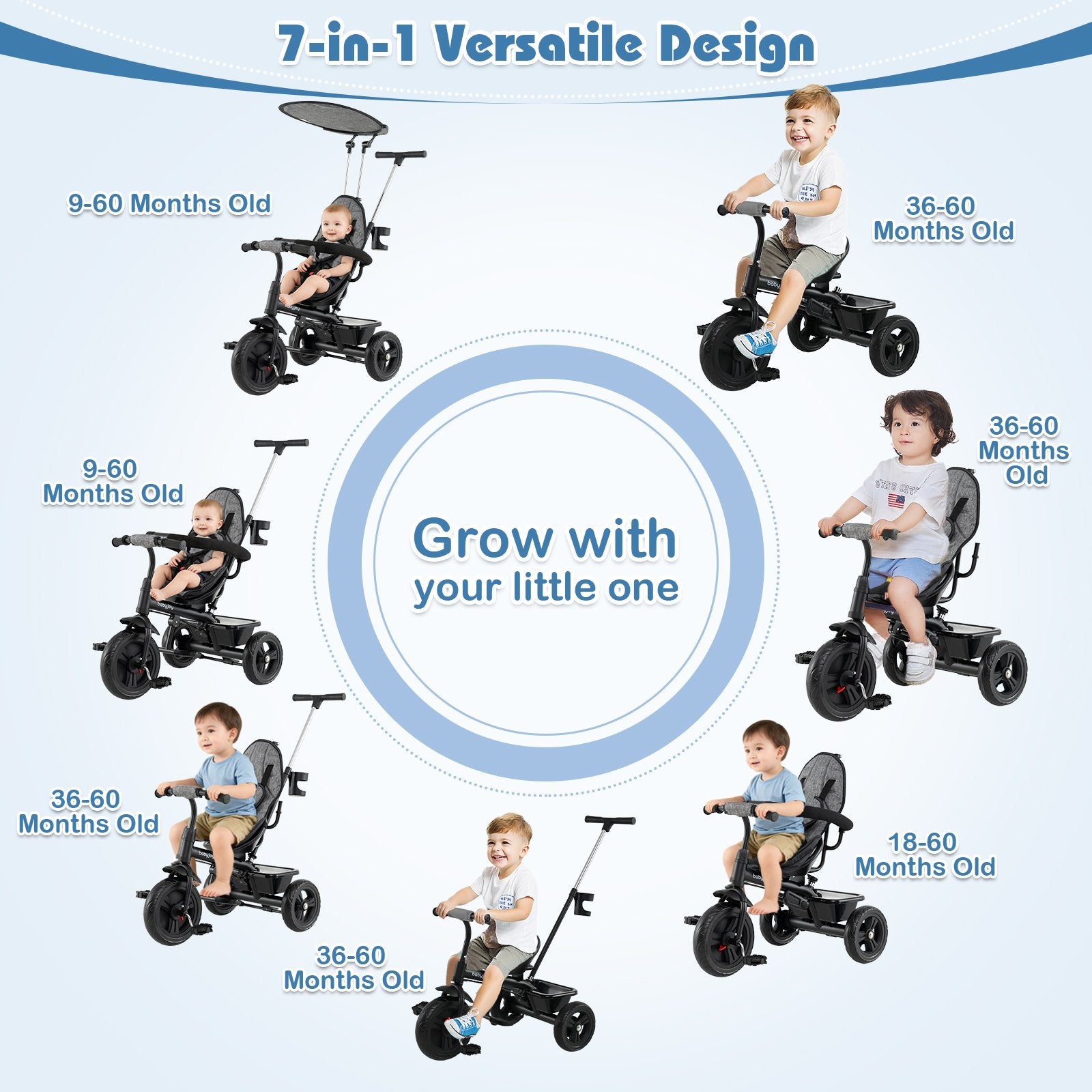 7-in-1 Baby Stroller Tricycle with Adjustable Canopy and Foldable Footrests for Ages 9-60 Months Old, Gray Baby Strollers at Gallery Canada