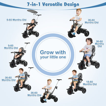 7-in-1 Baby Stroller Tricycle with Adjustable Canopy and Foldable Footrests for Ages 9-60 Months Old, Gray Baby Strollers at Gallery Canada