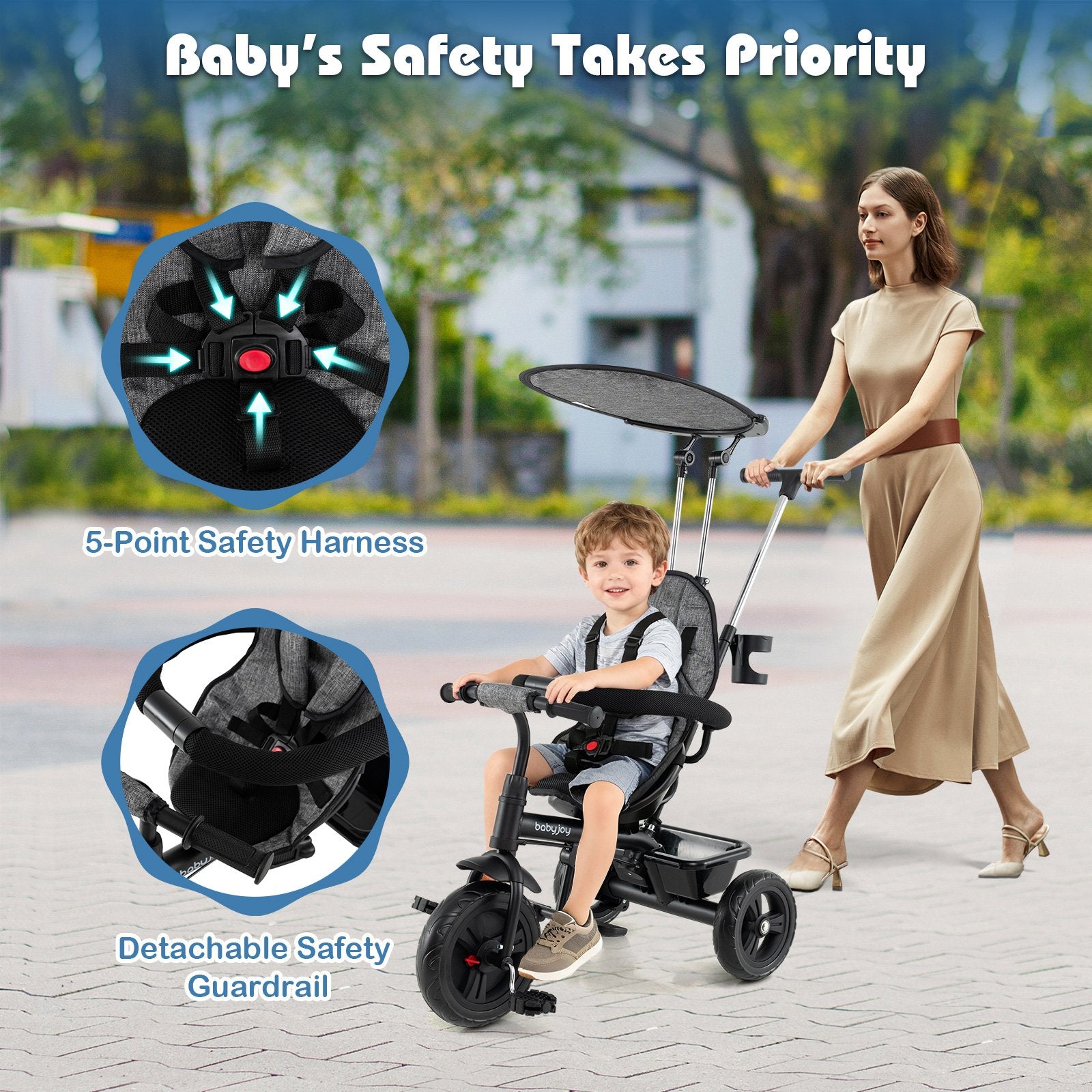 7-in-1 Baby Stroller Tricycle with Adjustable Canopy and Foldable Footrests for Ages 9-60 Months Old, Gray Baby Strollers at Gallery Canada